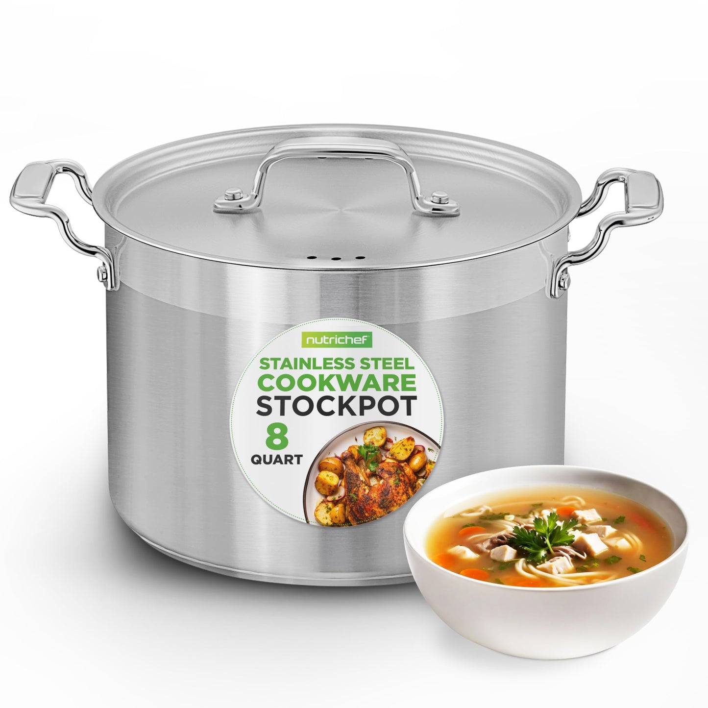 NutriChef 8 Qt Heavy-Duty Stockpot with Stainless Steel Lid - Induction Compatible Cooking Pot, Ideal for Soups and Stews