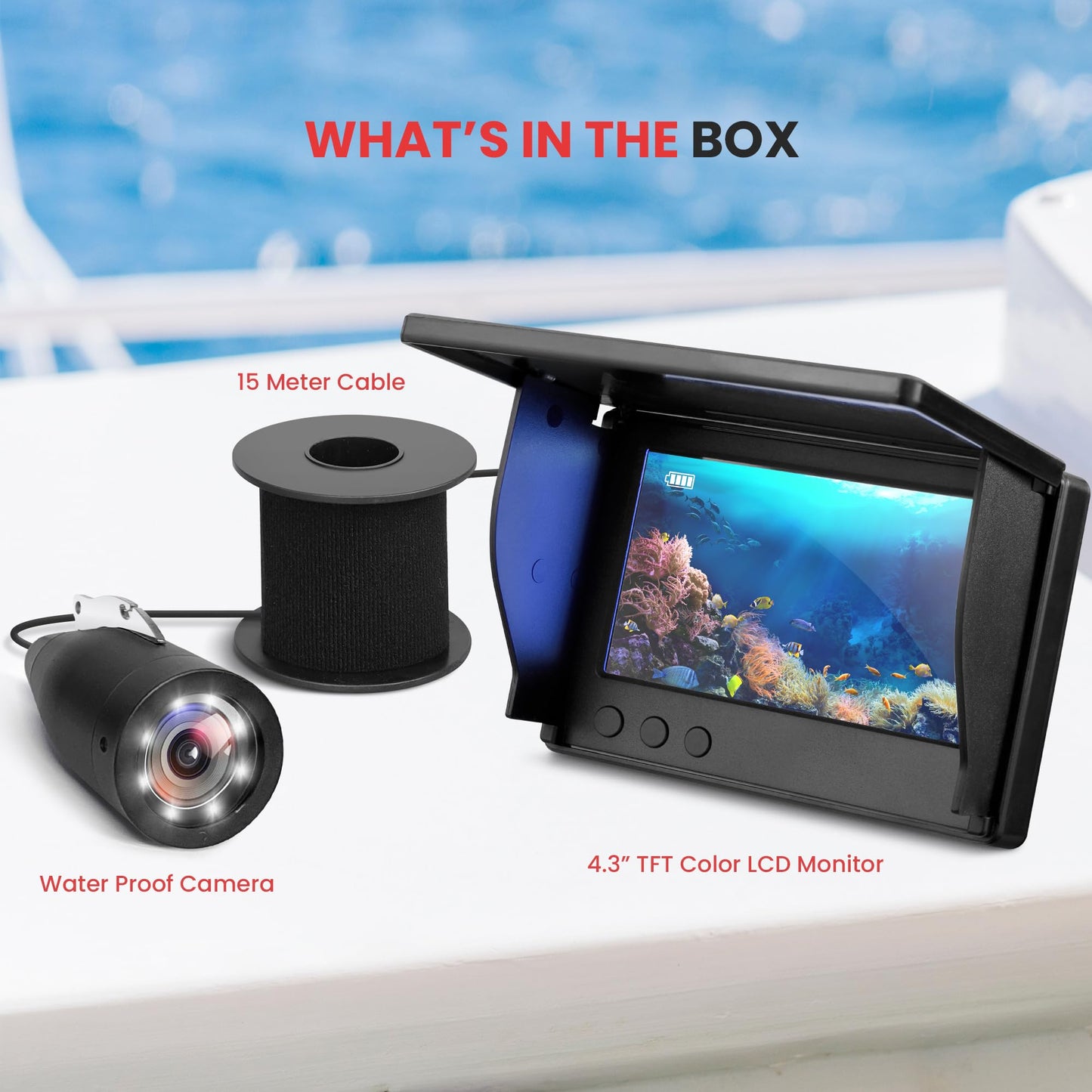 Pyle, Portable LCD Monitor, Underwater Fishing Camera, IP68 Water-Resistant, 4.3" TFT Color, 1000TVL Camera, 12pcs Infrared Lights, Rechargeable Battery, Carrying Case, Sunshield Cover