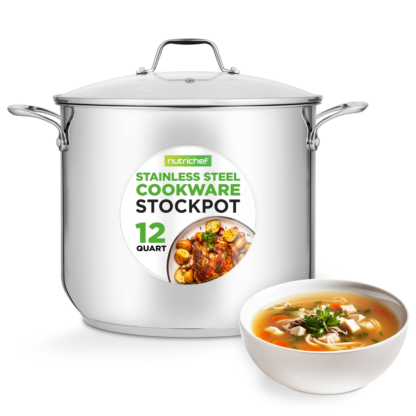 NutriChef 12-Quart Stainless Steel Stock Pot - 18/8 Food Grade Stainless Steel Heavy Duty Induction - Large Stockpot for Stews, Simmering & Soups with See Through Lid, Dishwasher Safe - NCSP12