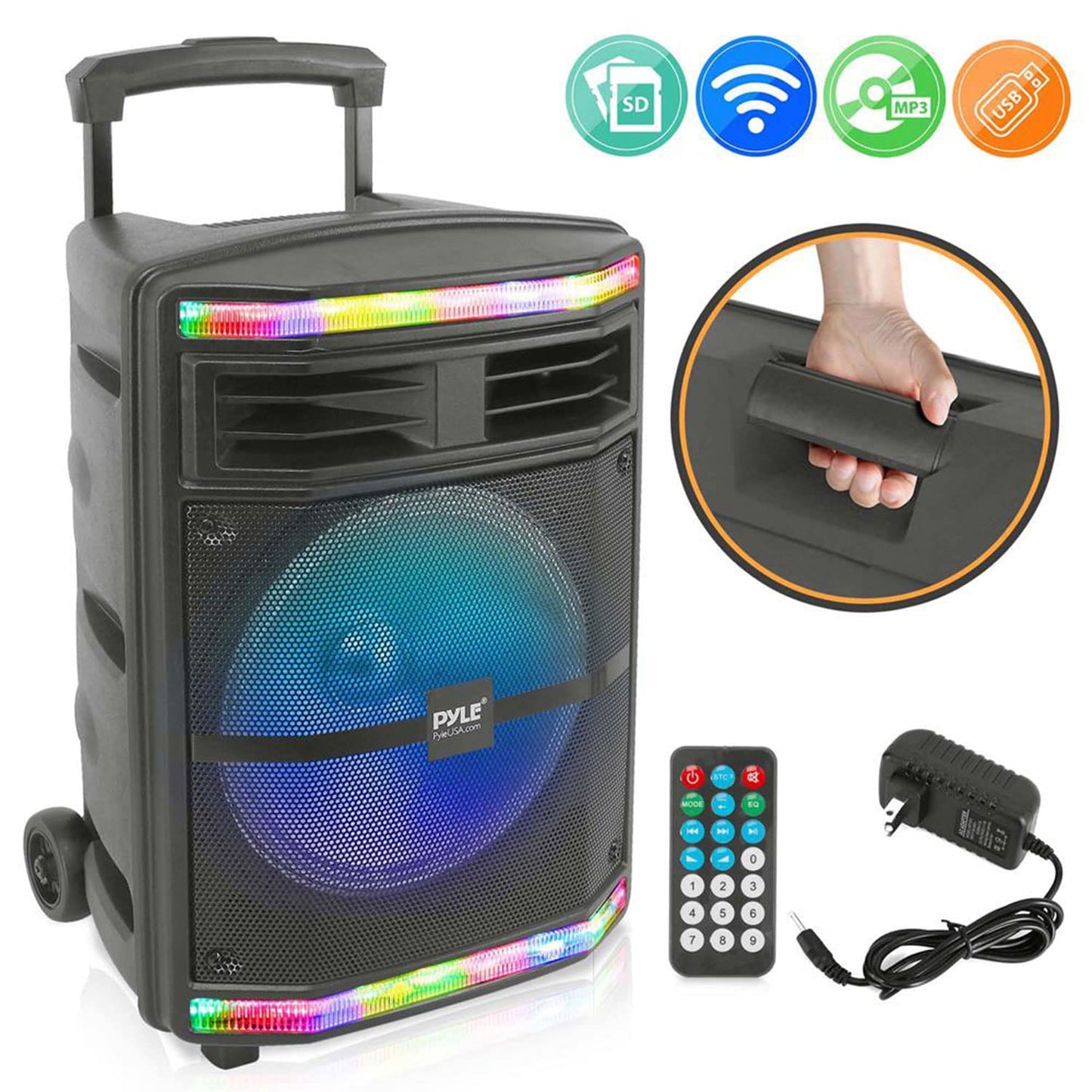 Pyle Portable Bluetooth PA Speaker System - 600W Bluetooth Speaker Portable PA System W/ Rechargeable Battery, Party Lights, MP3/USB SD Card Reader, Rolling Wheels - Pyle PPHP1044B