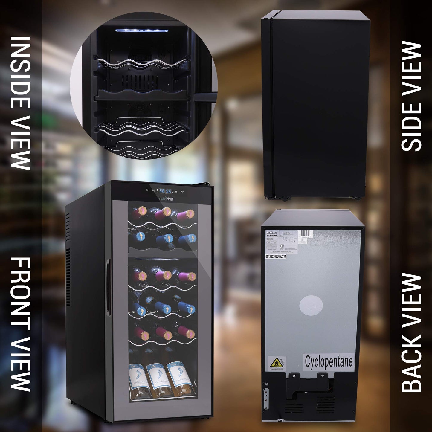 NutriChef PKCWCDS188 Freestanding Wine Fridge, 18 Bottle Dual Zone Beverage Cooler for Home & Office, 32x13x19 inches, Adjustable Temp 41-64F, Black
