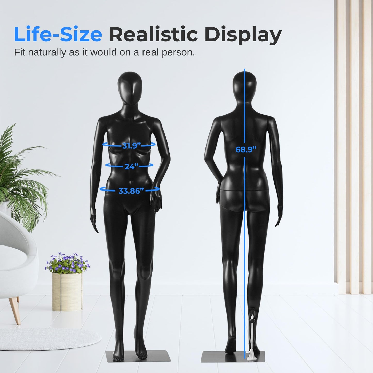 SereneLife Premium Female Mannequin – 68.9" Life-Size Dress Form with Realistic Face, Rotating Head, Flexible Limbs, Detachable Body & Sturdy Metal Base for Boutiques, Exhibits & Fashion Display
