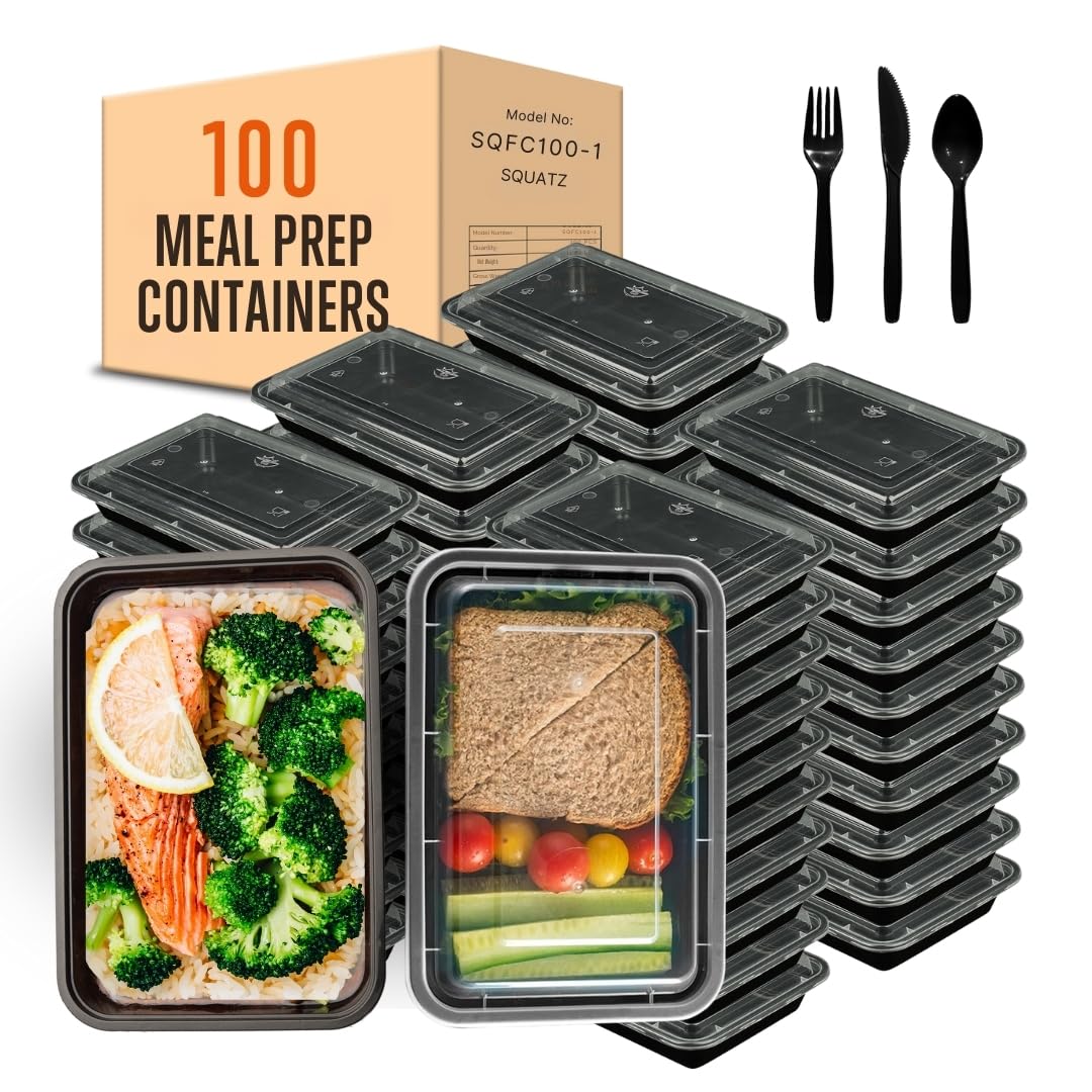 SQUATZ 100 Meal Prep Containers 33oz Reusable with Lid, Sturdy Leakproof & Food Safe, Microwave, Freezer, Dishwasher Safe Food Prep Containers To Go Take Out Plastic Storage BPA-Free Includes Utensils