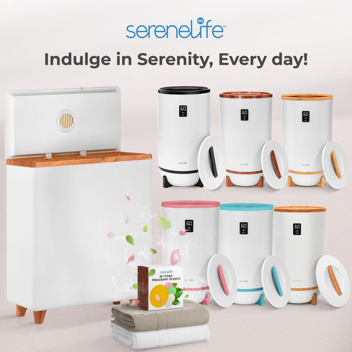SereneLife Luxury Rectangle Towel Warmer - Spa & Bathroom Heater with Custom Fragrance, Auto Shut-Off, Fits 2 large Towels, Blankets, Bathrobes, PJ's - Perfect Gift for Him & Her (Natural Wood)