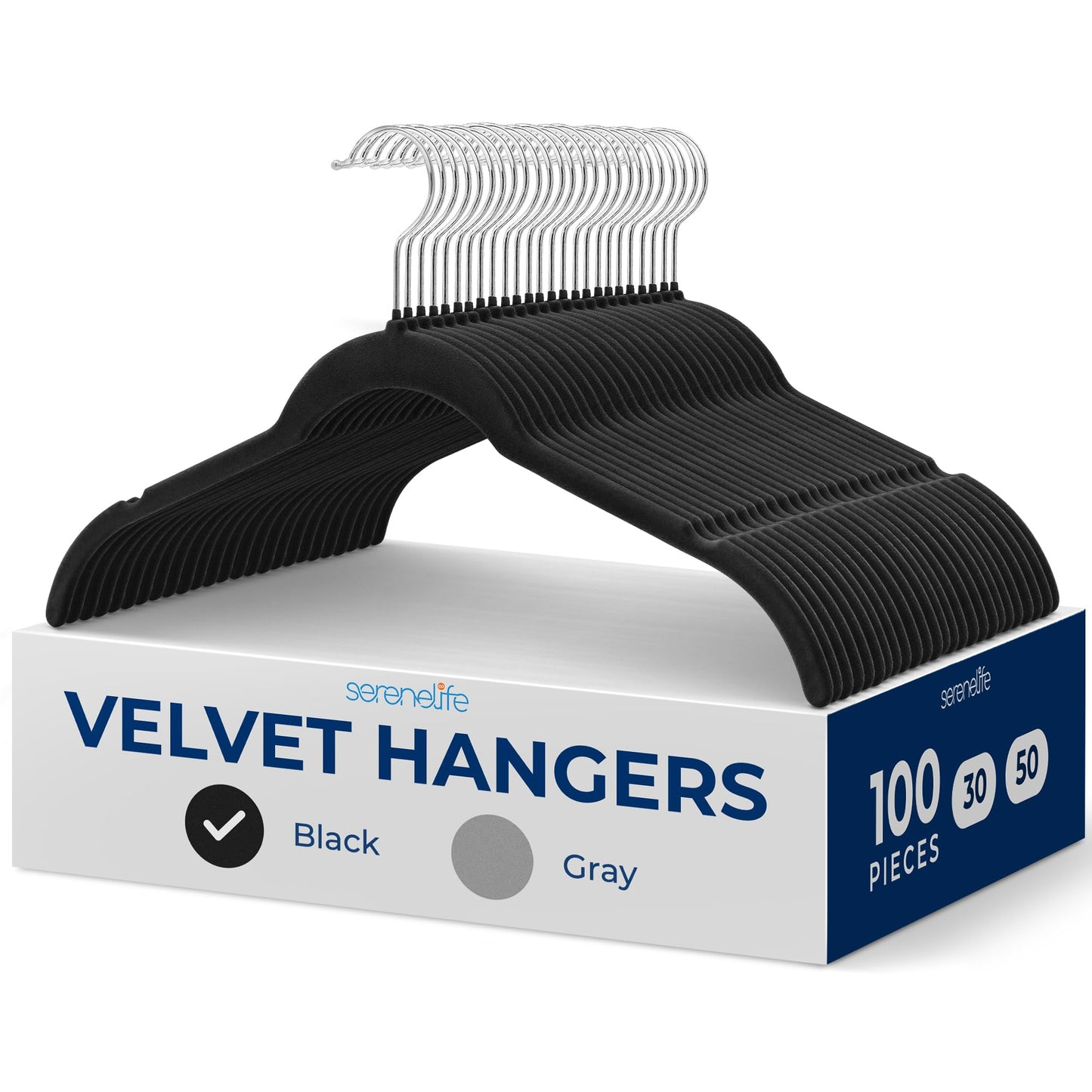 SereneLife 100-Pack Velvet Non-Slip Hangers – Slim Space-Saving Black Clothes Hangers with 360° Swivel Hooks, Heavy Duty Design for Shirts, Coats, Dresses & Closet Organization – Black (100 Count)