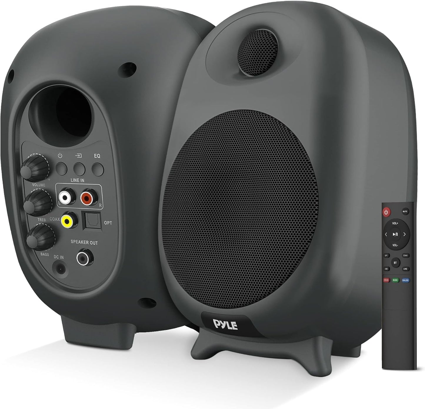 PyleUsa HiFi 60W Powered Bluetooth Bookshelf Monitor Speaker Set, Optical RCA Input, Bass/Treble Adjustable,Deep Bass, 3 Audio Mode,Studio Computer Desk Stereo System,Remote Control,Black - PBKSR40