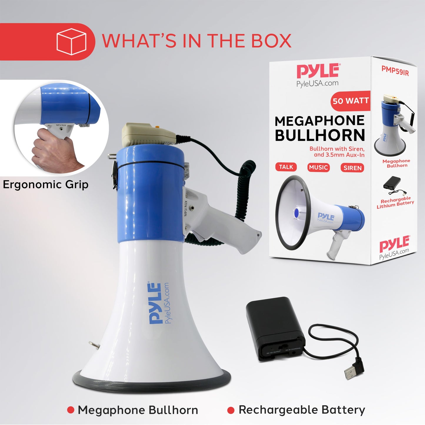 Pyle 50W Megaphone Bullhorn Speaker with Built-in Siren, Rechargeable Battery, 10-Second Record Function, Loud & Clear Sound for Sports Fans, Coaches, Cheerleading, or Safety Drills (PMP59IR)