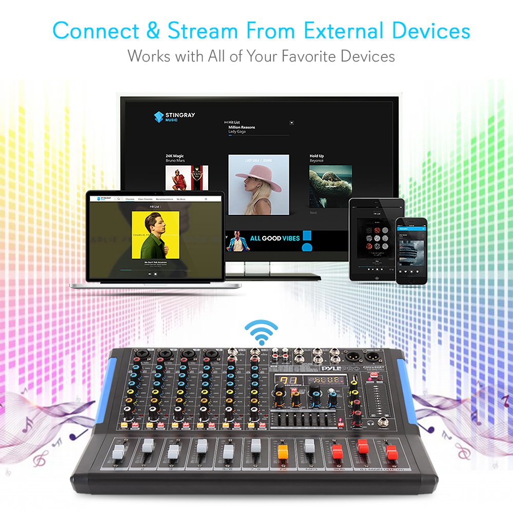Pyle 8-Channel Bluetooth DJ Audio Mixer - Sound Controller w/ USB Drive for PC Recording - XLR Mic Input - 48V Power - 7-Band EQ - RCA I/O - DSP Processor for Professional & Beginners - PMXU88BT