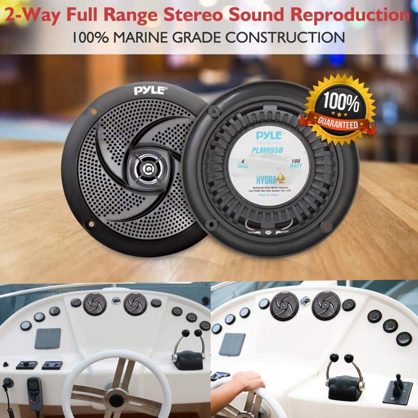 Pyle PLMRS5B 5.25 Inch 180 Watt Waterproof Weather Resistant Outdoor Rated Low Profile Slim Style Marine Speakers, Black (2 Pack)