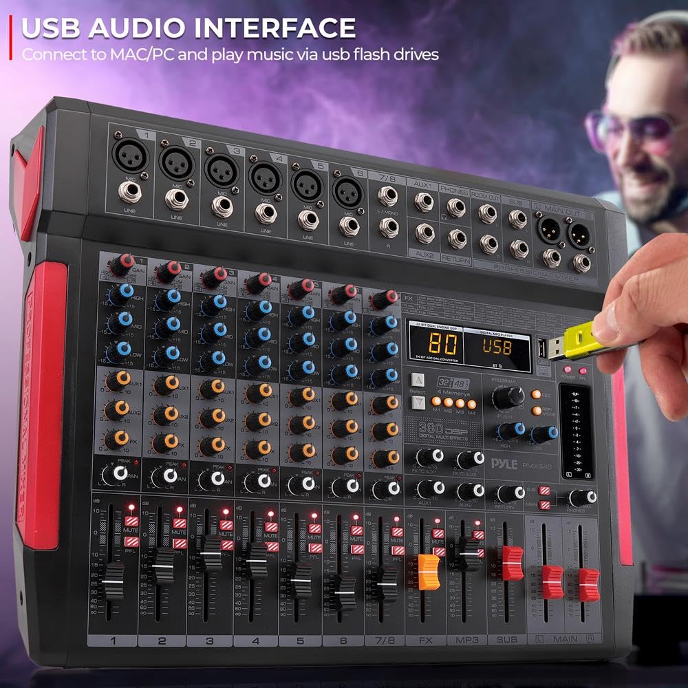 Pyle 8-Channel Bluetooth 5.1 DJ Audio Mixer Controller - 380 Preset DSP Effects - USB Interface - 6 XLR Mic/Line Inputs - AUX - MP3 - Headphone Jack - +48V Phantom Power - High Headroom - PMX648