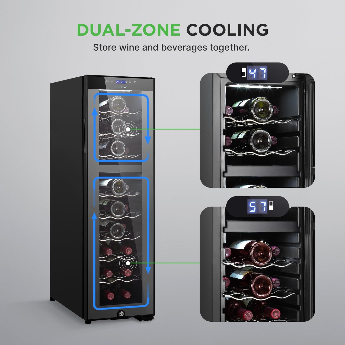NutriChef PKCWCDS245 24 Bottle Fridge | Dual Zone Chiller | Adjustable Temperature 41°F to 64°F | Ultra Quiet Operation | Wine Cooler for Home, & Office | Free Standing 39x11x23 in (Black)