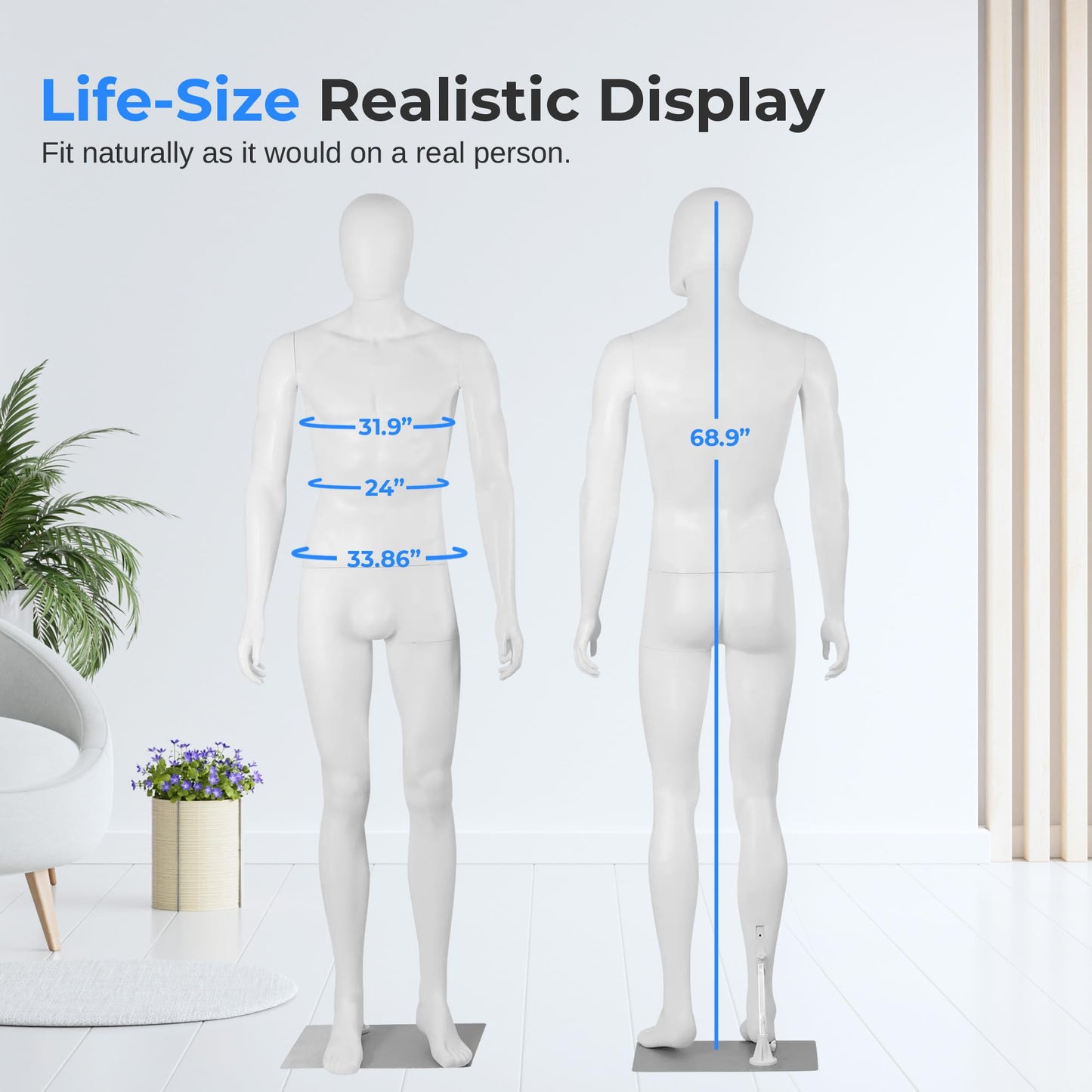 SereneLife 73" Tall Full-Body Male Mannequin With Adjustable Head, Flexible Limbs And Detachable Design, Perfect For Clothing Stores, Boutiques, Exhibitions And More