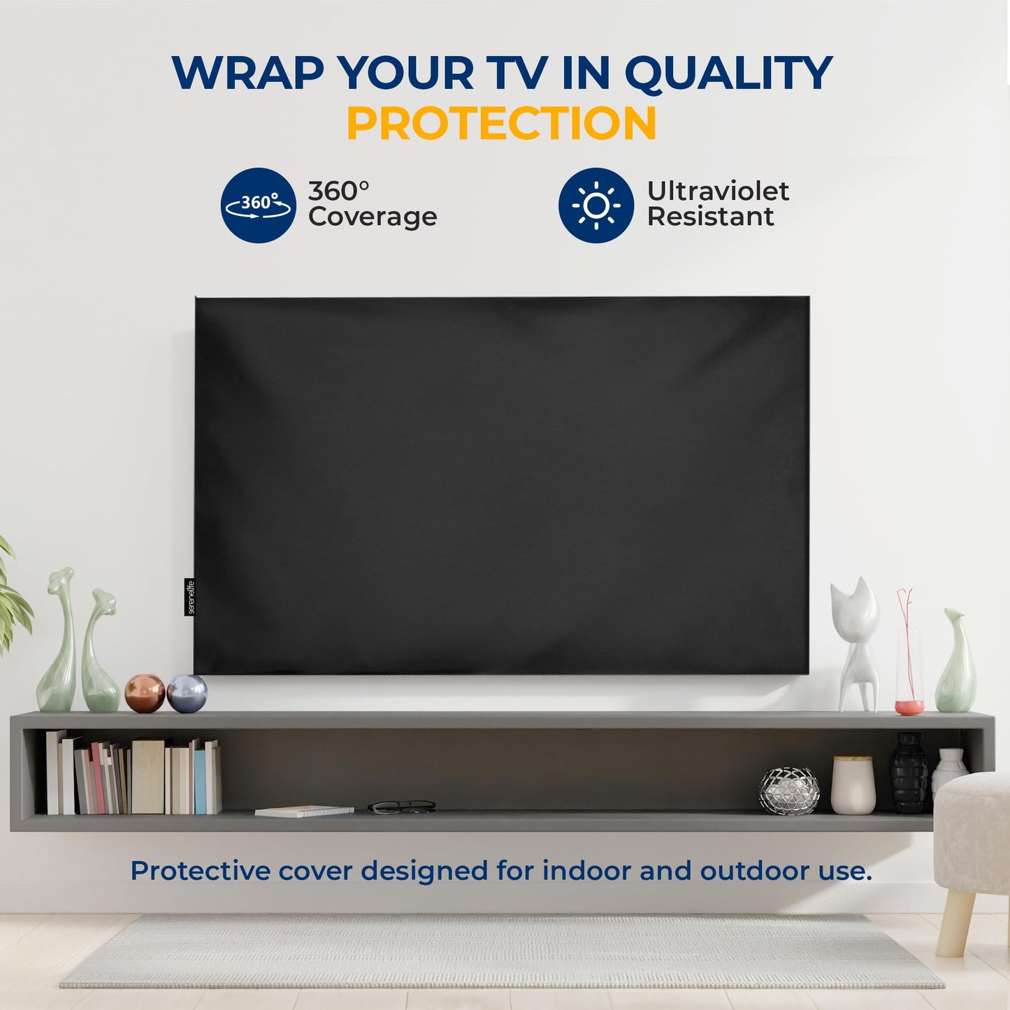 SereneLife Waterproof TV Cover for 60-70 inch TV – Indoor/Outdoor Weatherproof Television with Bottom Cover, Thick Fabric, Dustproof with Remote Control Pocket, Black