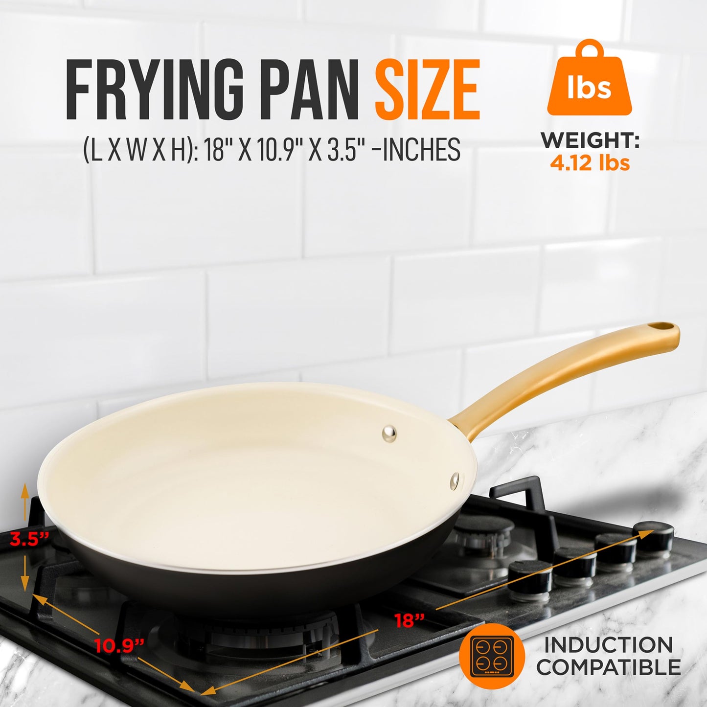 NutriChef 10-Inch Professional Ceramic Frying Pan - Medium Skillet with Golden Titanium Handle, Non-Stick Ceramic Coating, Stain-Resistant, Easy to Clean, Ideal for Home Cooking
