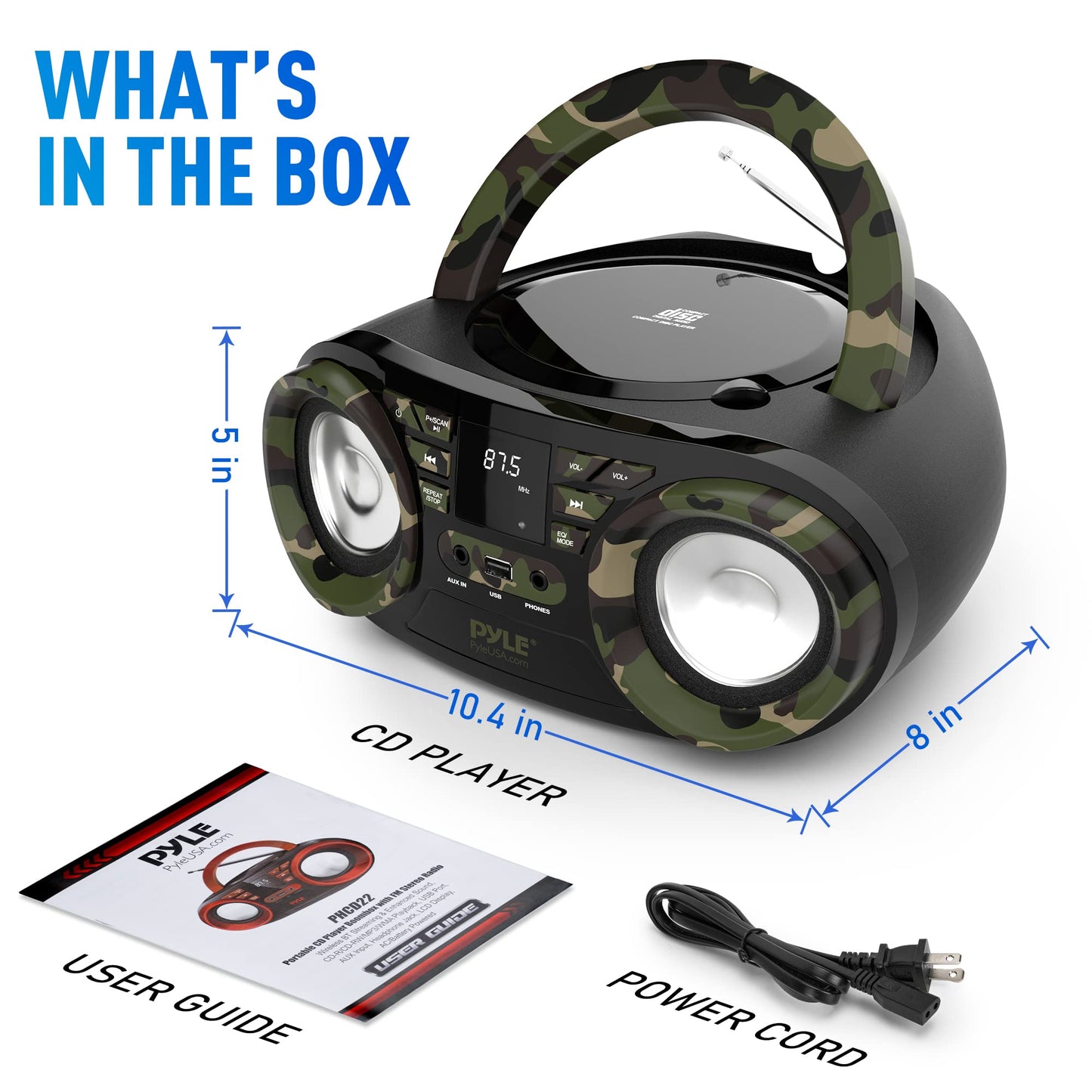 PYLE CD PLAYER PORTABLE, CD PLAYERS FOR HOME, PORTABLE CD PLAYER - 50 Watts Max Power, Bluetooth 5.0, AM/FM Stereo Radio, USB/AUX Input, Battery/AC Powered, Camouflage Design, Includes AC/DC Cord