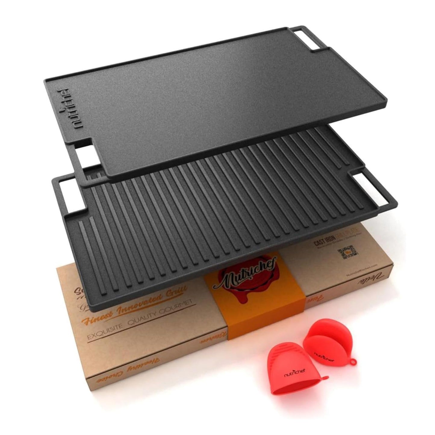 NutriChef Cast Iron Reversible Grill Plate – 18 Inch Flat & Ridged Skillet Griddle Pan, Fits Two Burners, for Gas, Electric, Ceramic Stovetops, with Silicone Oven Mitt