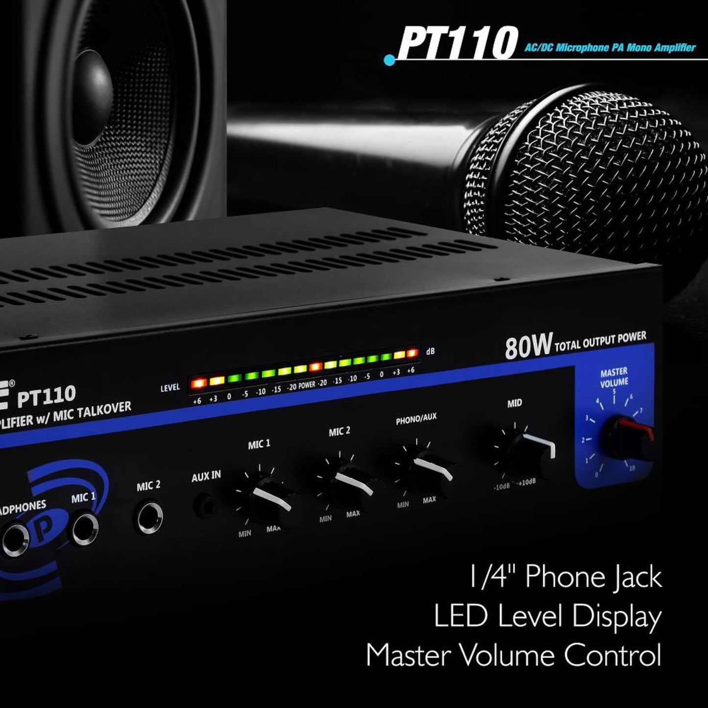 Pyle 80W Compact PA Mono Amplifier - Professional Mini Audio Receiver with 2 Mic Inputs/RCA /AUX/Headphone Jack - Bluetooth 5.0 - Independent Volume Control - for Public Address & Home Use - PT110