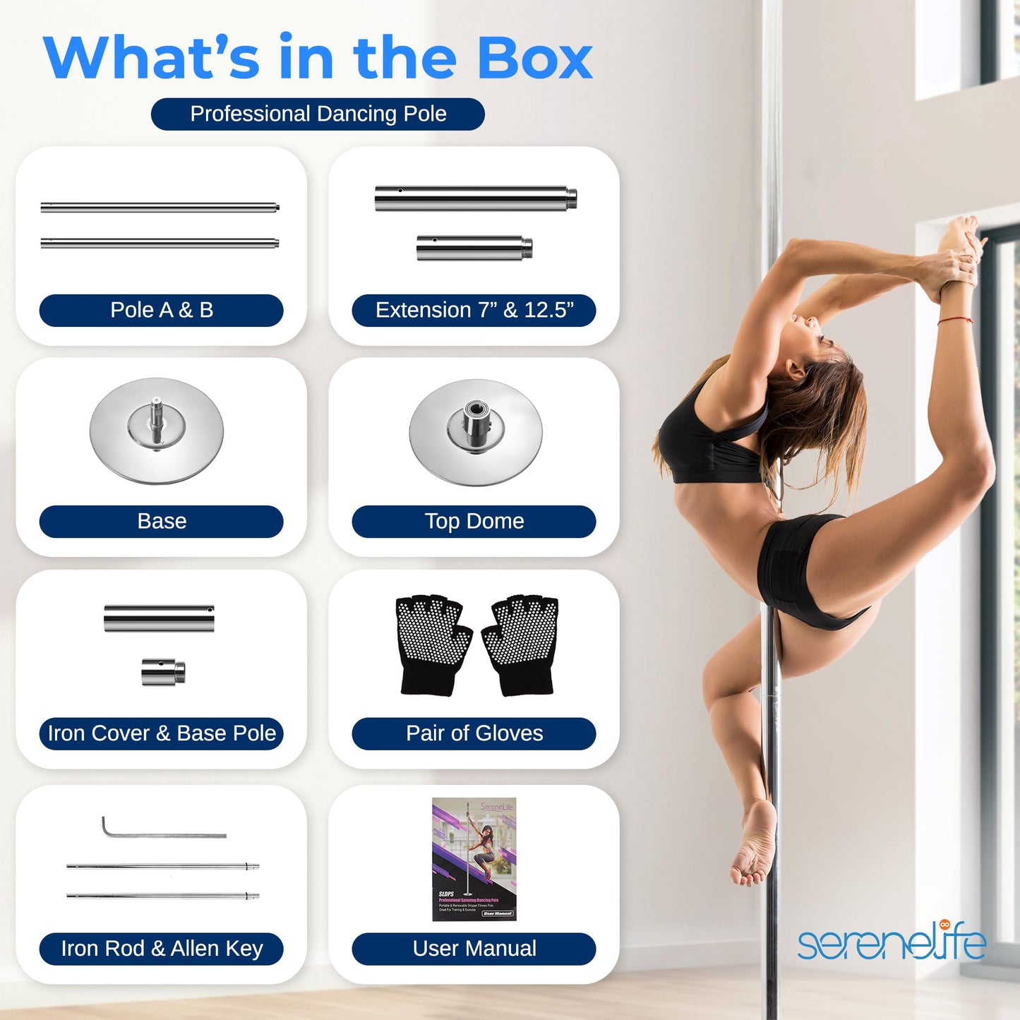 SereneLife Portable Spinning Fitness Pole – Adjustable Height 82–108" & 23.8 lb Steel Pole for Home Gym, Dance, Club & Bar – Chrome Finish, Easy to Install & Remove, Supports Up to 1,102 lb