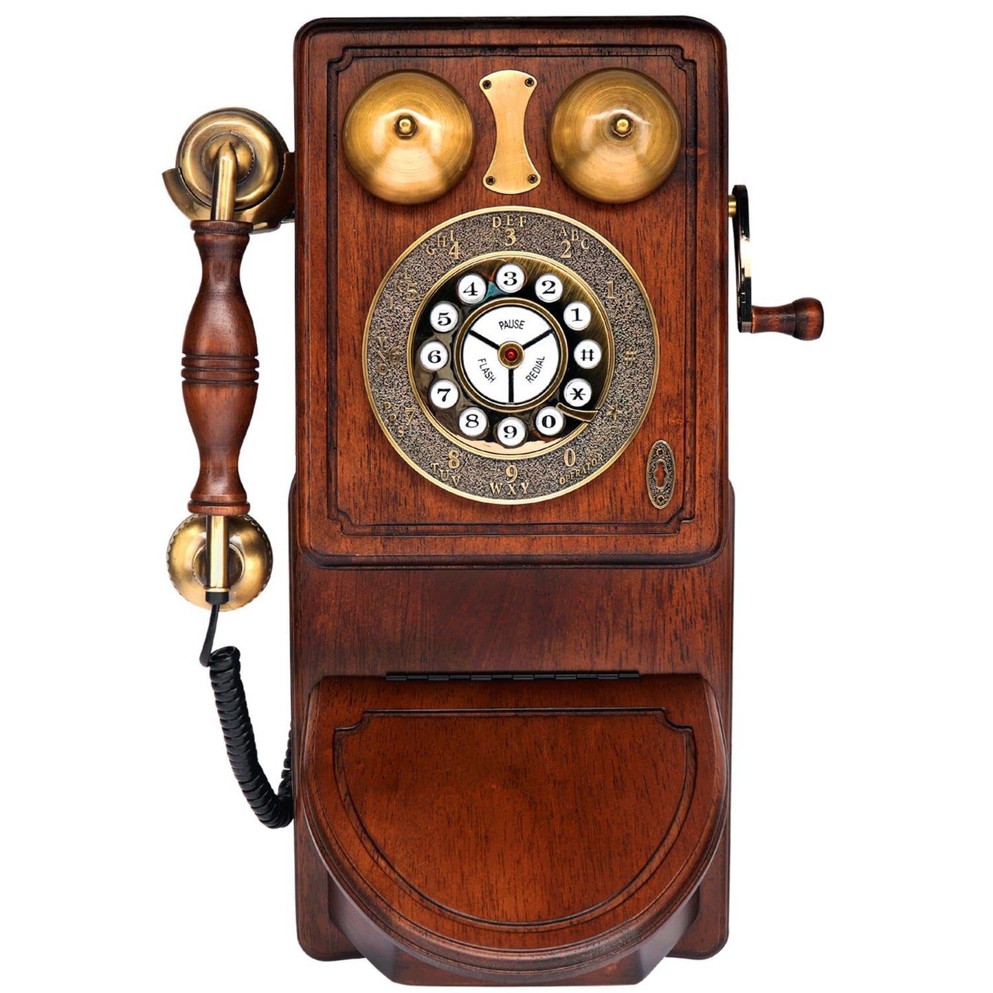 Pyle Vintage Classic Wall-Mount Corded Phone – Retro Design with Crank Handle, Tone/Pulse Switch, Redial Function, Handcrafted Wood & Veneer, Antique Landline Telephone