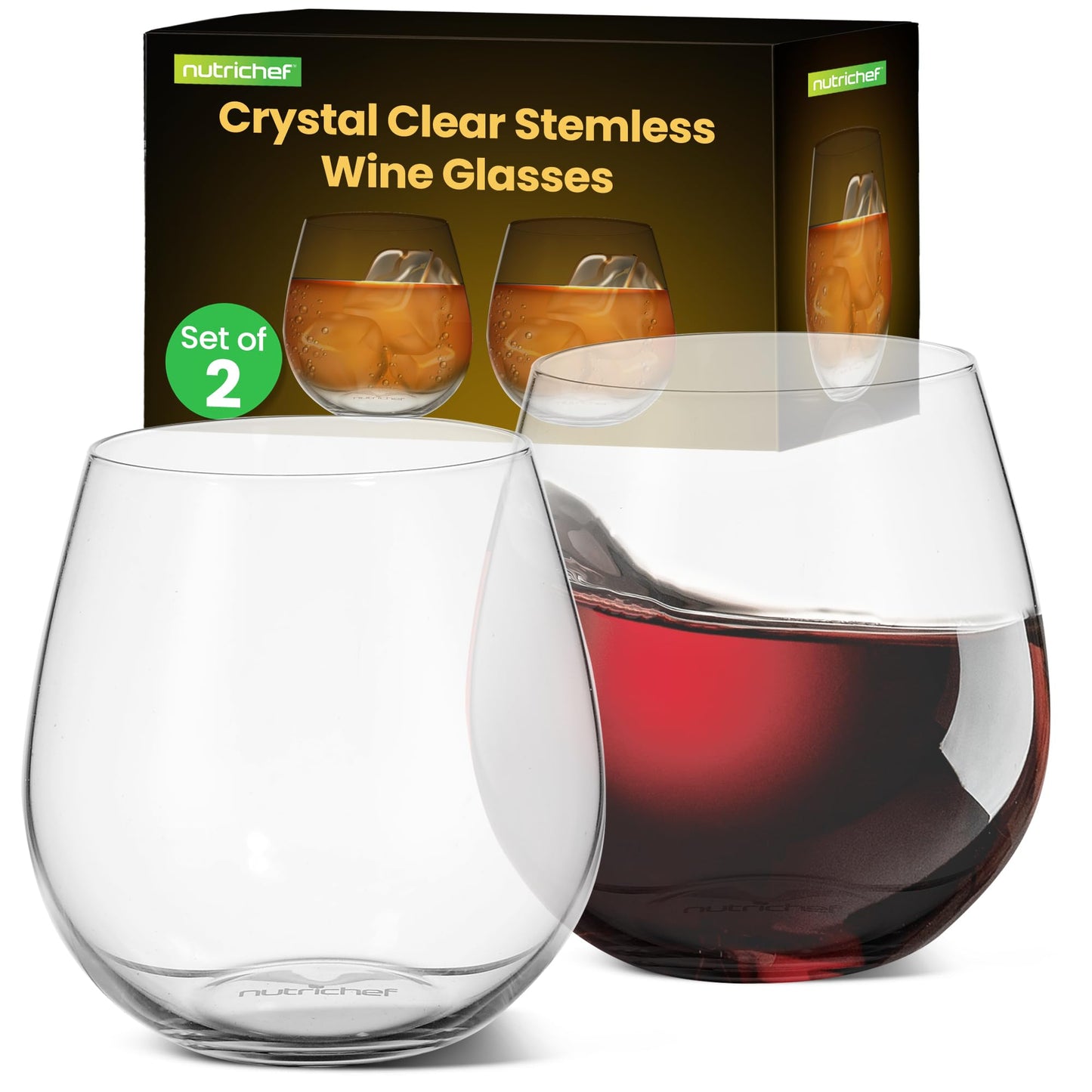 NutriChef Stemless Wine Glasses (Set of 2) 15 Oz, Crystal Clear Red And White Wine Glasses For Daily Use, Home Bar, Parties, Hosting, Evening Party, Birthdays, Shower, Housewarming Gift