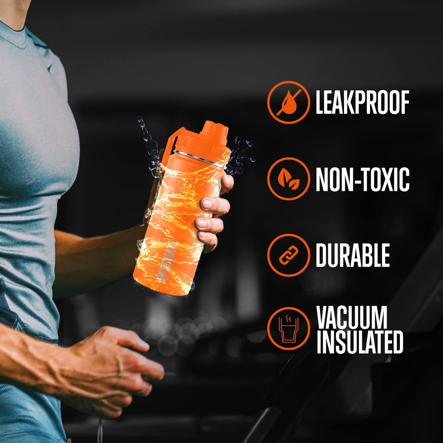 SQUATZ 40 Oz Neptune Series Steel Water Bottle, Stainless Double Wall Vacuum Insulated Flask with Handle Strap, Durable and Elegant Leak Proof Wide Mouth Thermos for Gym, Travel, Hiking, and Camping