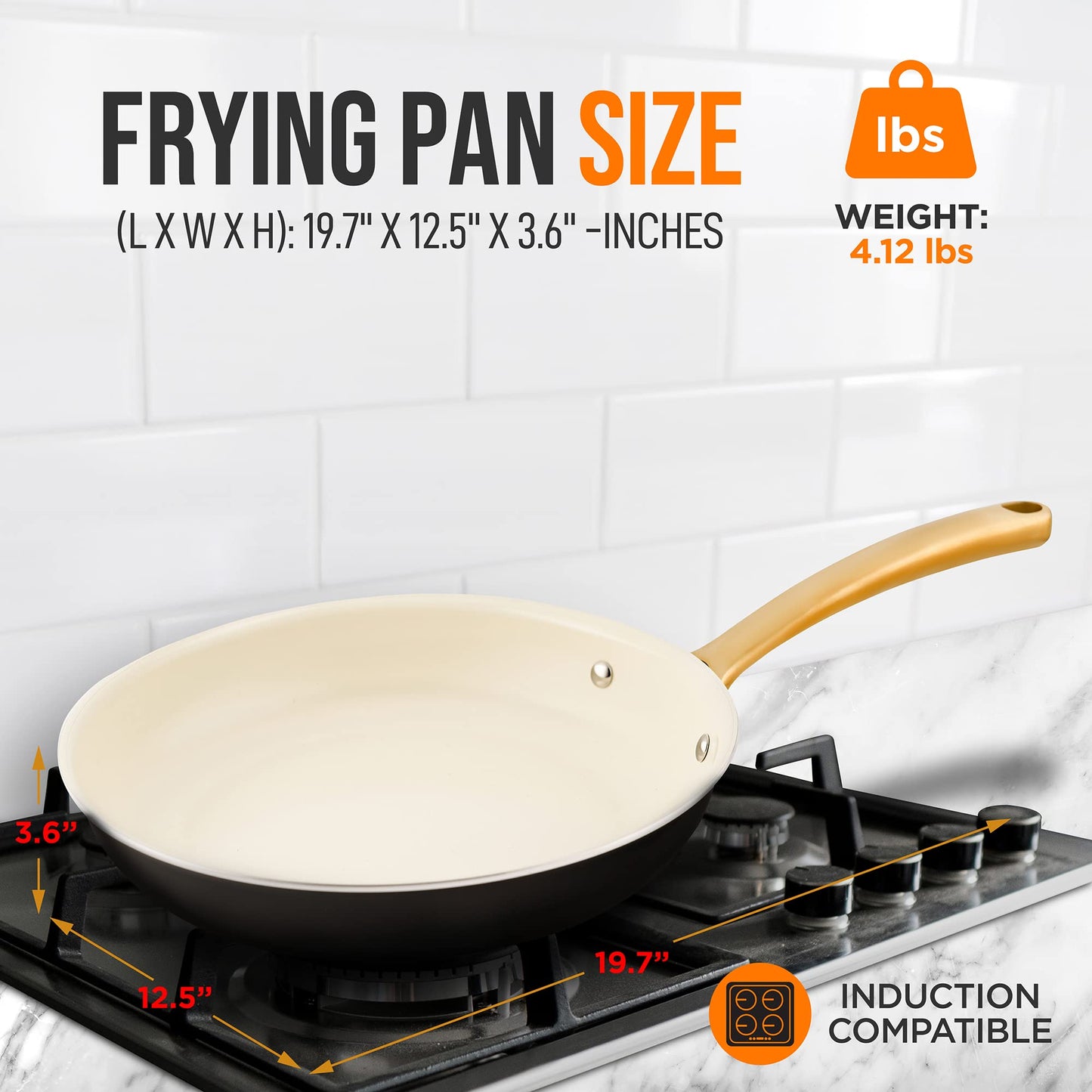 NutriChef 12-Inch Professional Ceramic Frying Pan - Large Skillet with Golden Titanium Handle, Non-Stick Ceramic Coating, Stain-Resistant, Easy to Clean, Ideal for Home Cooking