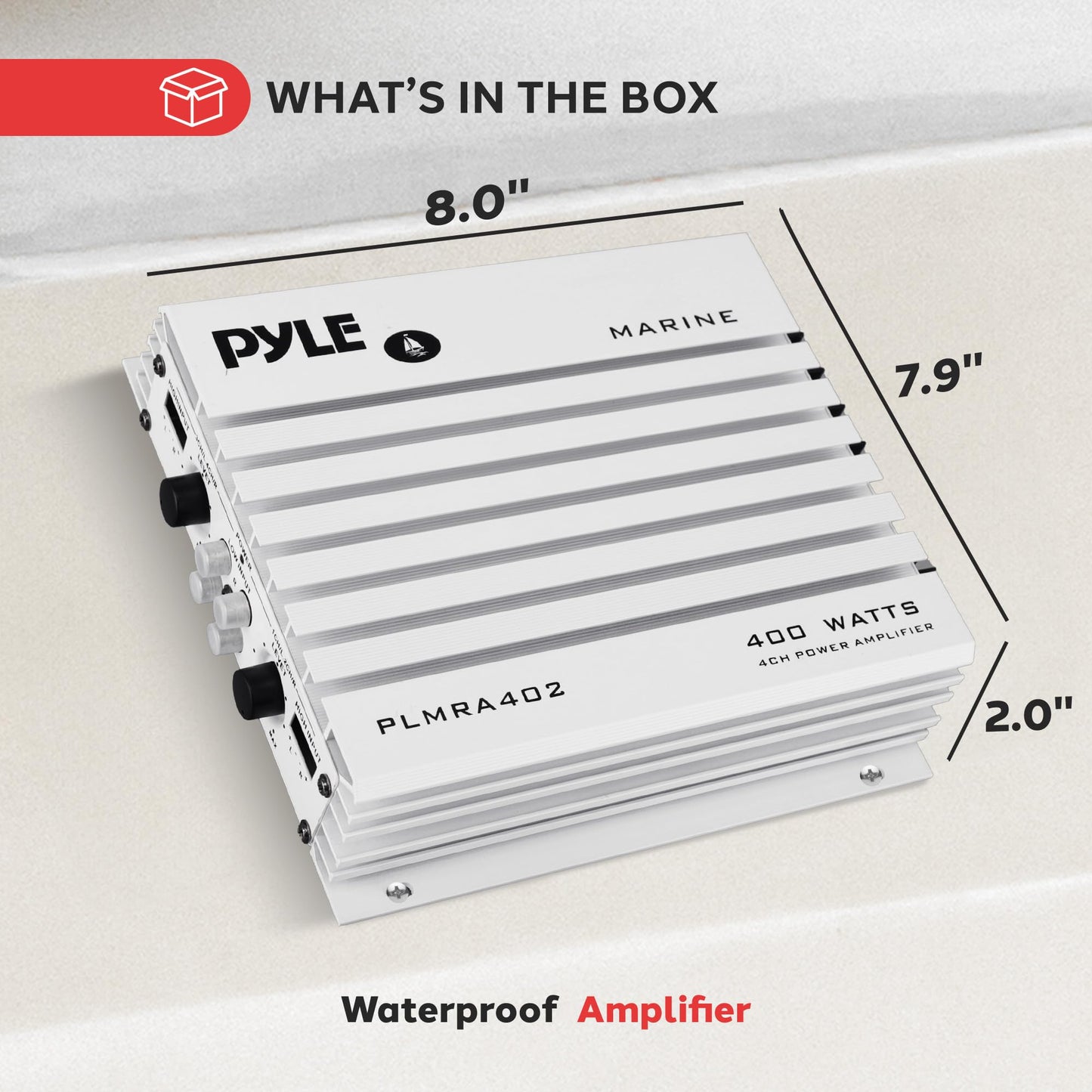 Pyle Hydra Marine 400W 4-Channel Amplifier - Waterproof with Dual MOSFET Power Supply - GAIN level Controls - RCA Input - LED Indicator - Compact Design for Boat/Vehicle Audio - PLMRA402