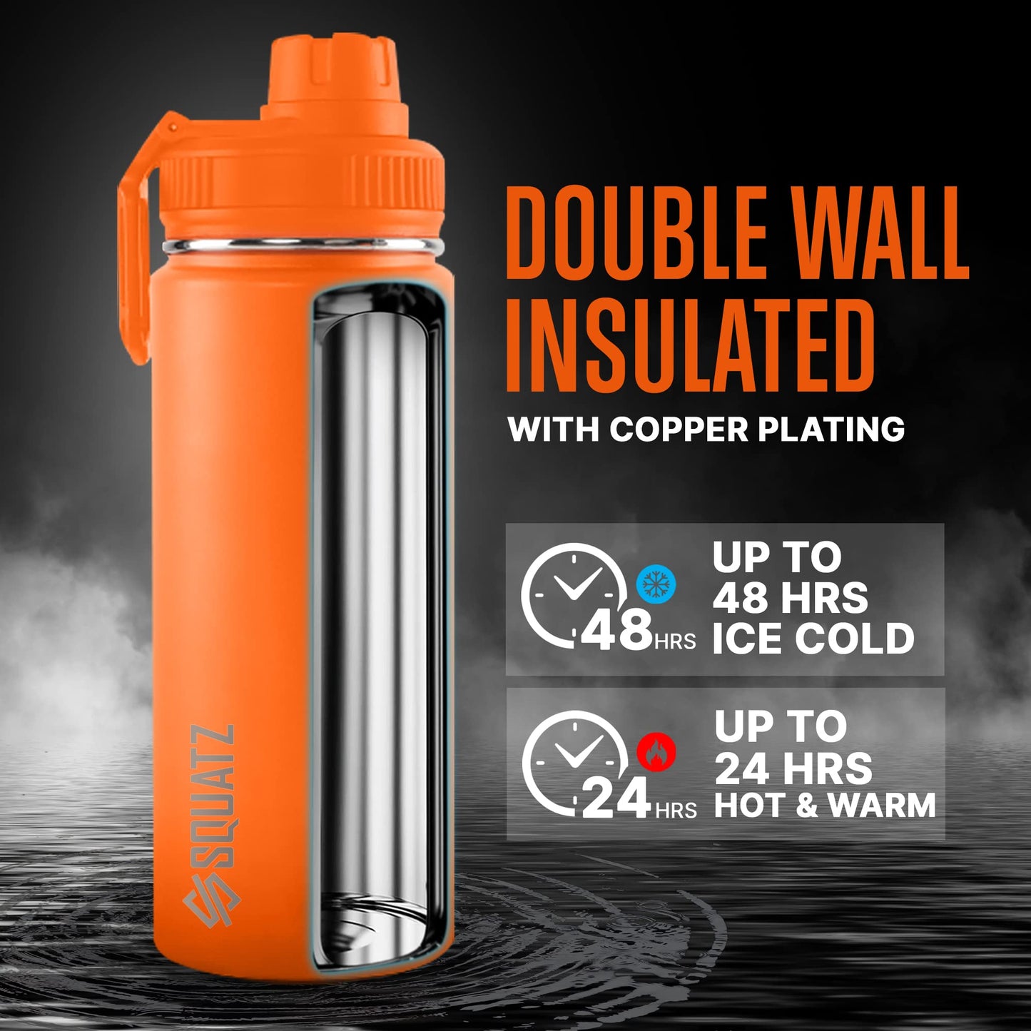 SQUATZ 40 Oz Neptune Series Steel Water Bottle, Stainless Double Wall Vacuum Insulated Flask with Handle Strap, Durable and Elegant Leak Proof Wide Mouth Thermos for Gym, Travel, Hiking, and Camping