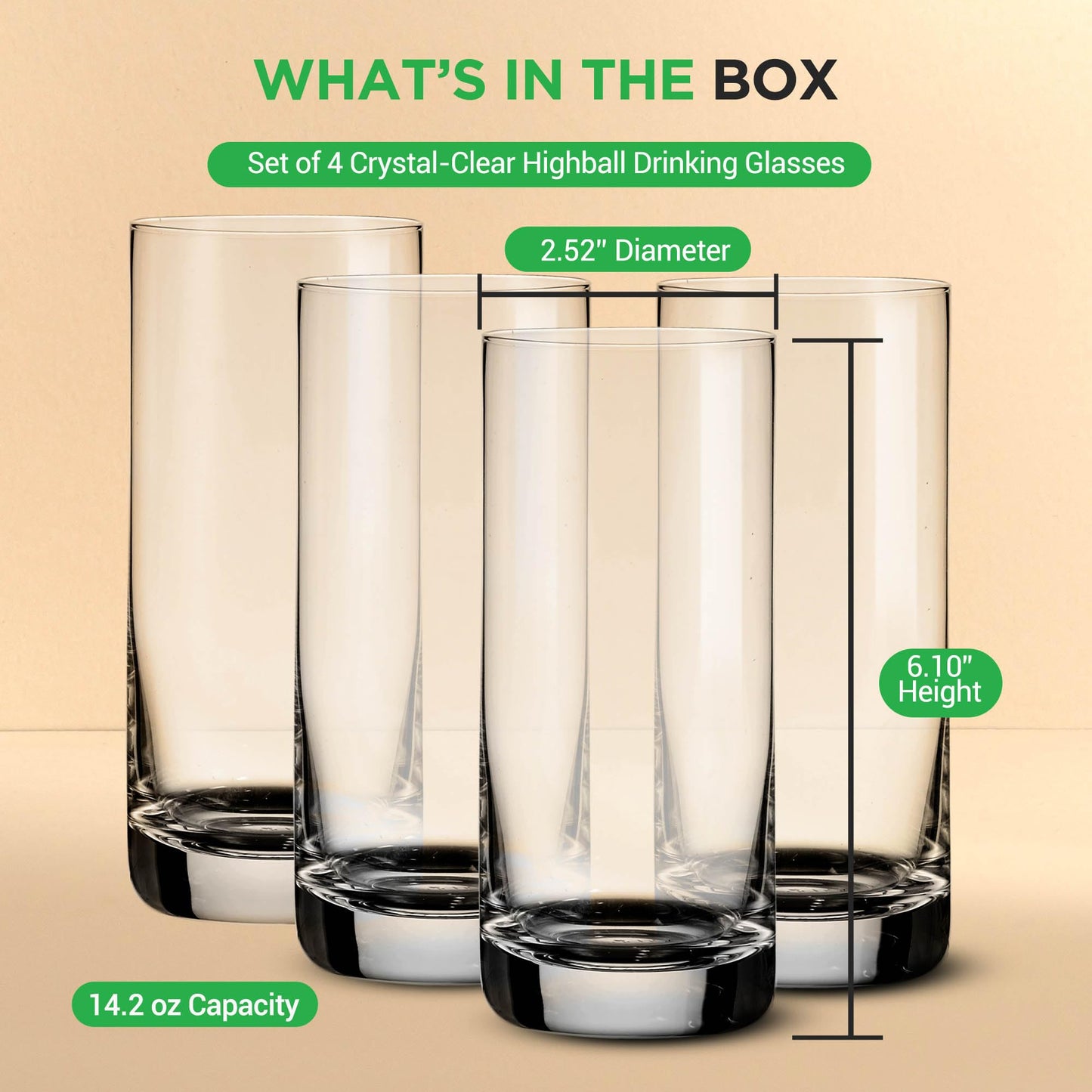 Nutrichef 4 Piece Highball Thick Base Drinking Glasses-14.2Oz, Crystal Clear Tall Glasses for Water, Juice, Liquor, & Cocktail, Long Kitchen Glass for Bar, Restaurant, & Home