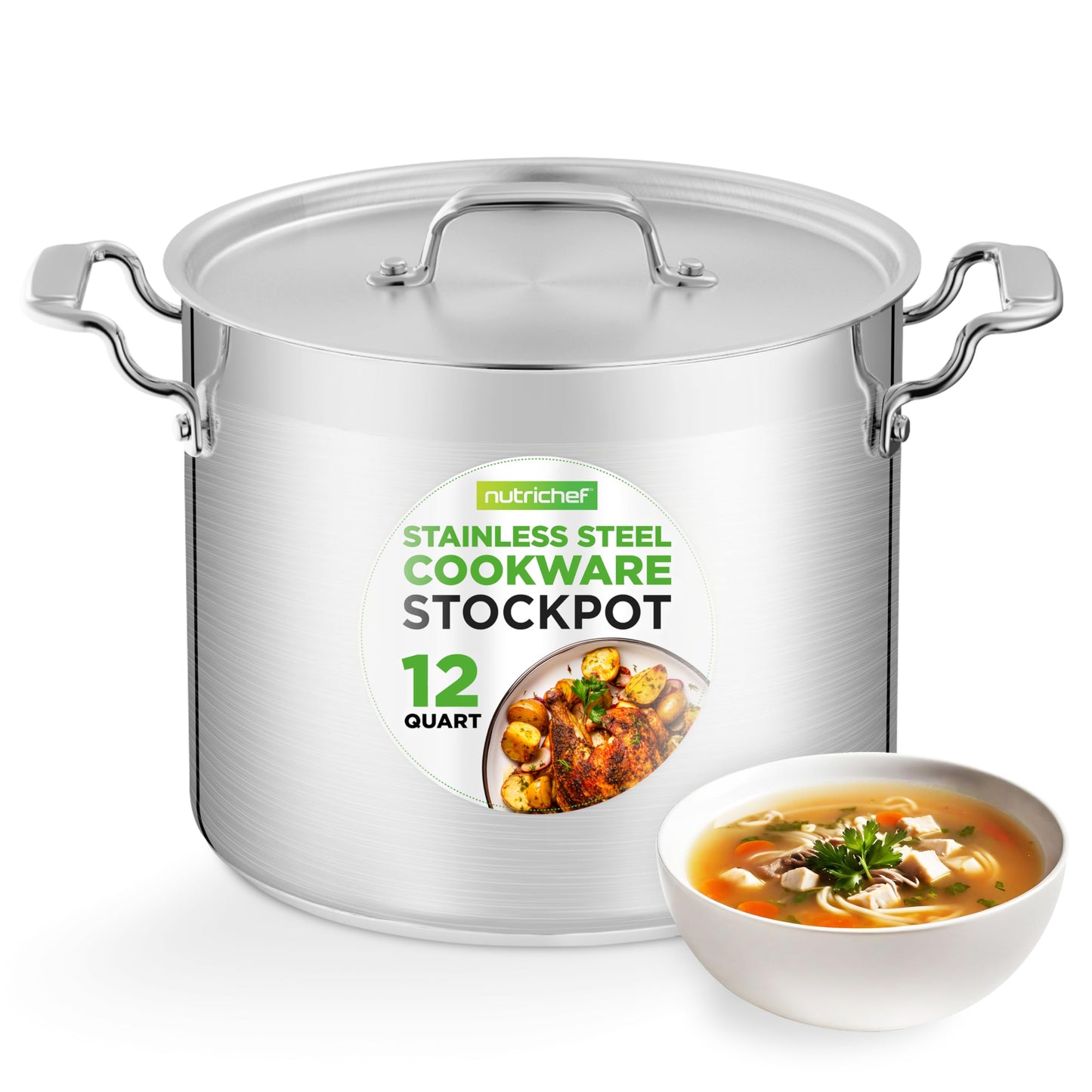 NutriChef 12-Quart Stainless Steel Stockpot with Stainless Steel Lid - 18/8 Food Grade Heavy Duty Large Stock Pot for Stew & Soup, Works w/Induction