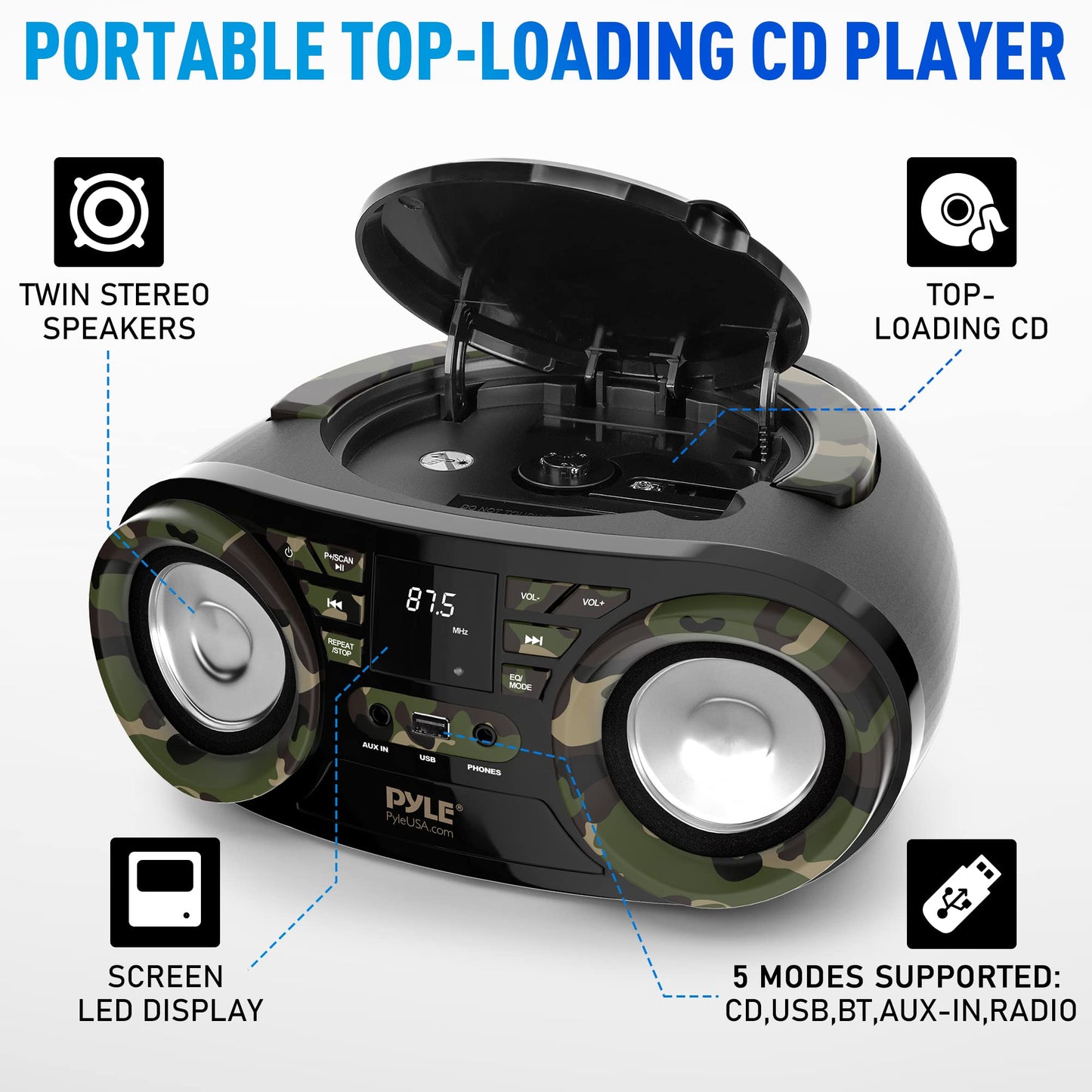 PYLE CD PLAYER PORTABLE, CD PLAYERS FOR HOME, PORTABLE CD PLAYER - 50 Watts Max Power, Bluetooth 5.0, AM/FM Stereo Radio, USB/AUX Input, Battery/AC Powered, Camouflage Design, Includes AC/DC Cord