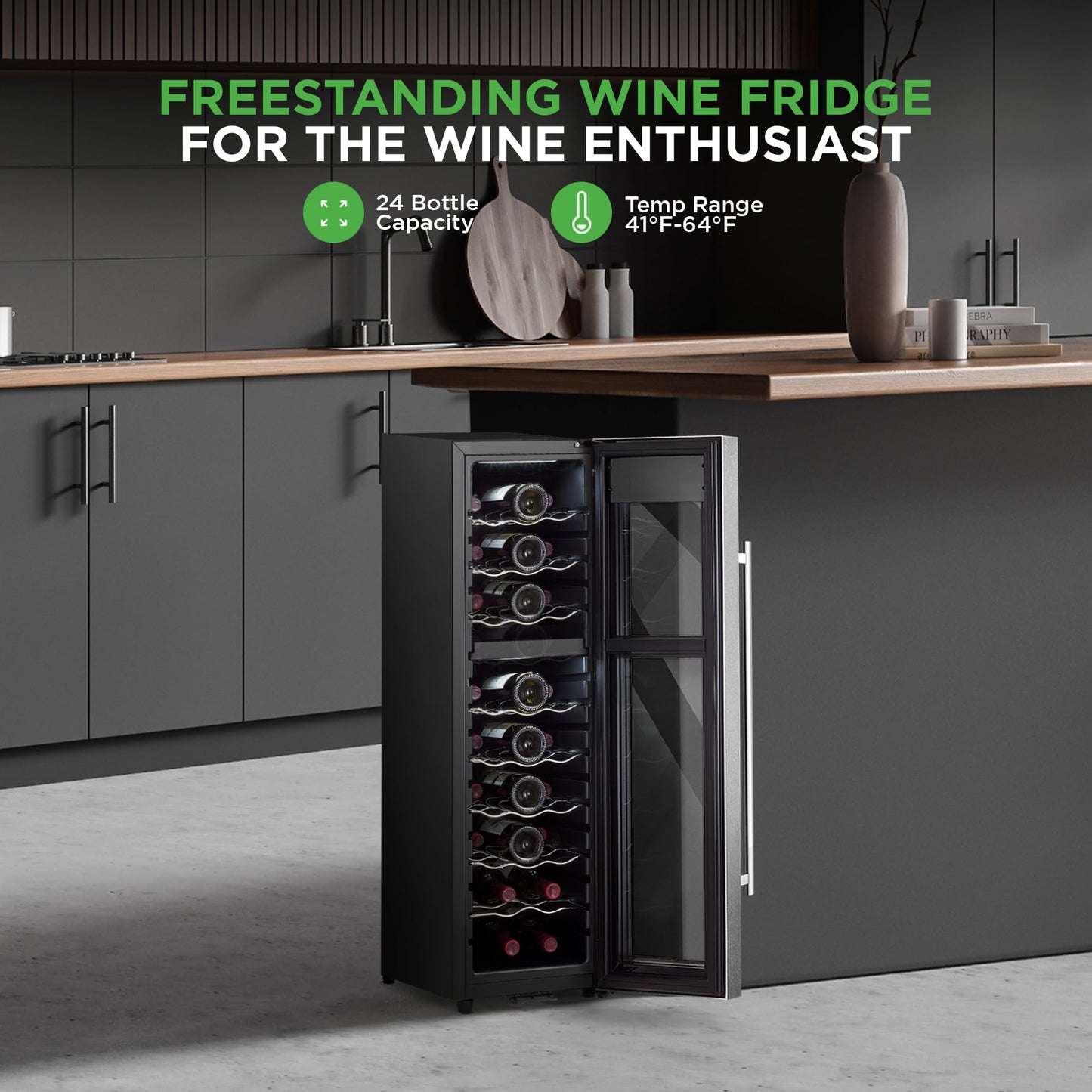NutriChef PKCWCDS248 24 Bottle Fridge | Dual Zone Chiller | Adjustable Temperature 41°F to 64°F | Ultra Quiet Operation | Wine Cooler for Home, & Office | Free Standing 39x11x23 in (Black)