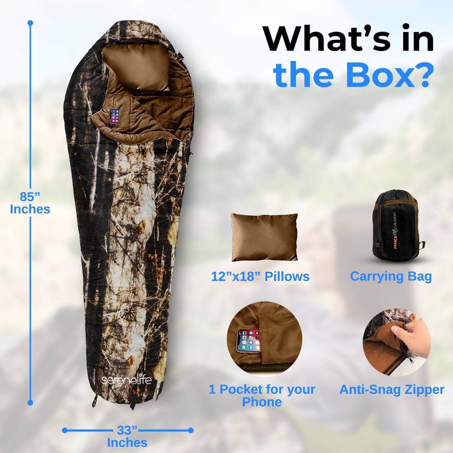 SereneLife Backpacking Sleeping Bag Camping Gear, Mummy Sleeping Bag For Adults/Teens w/ Pillow and Bag - Outdoor Lightweight Weather Proof Sleeping Bag for Camping, Hiking Traveling, Real Tree