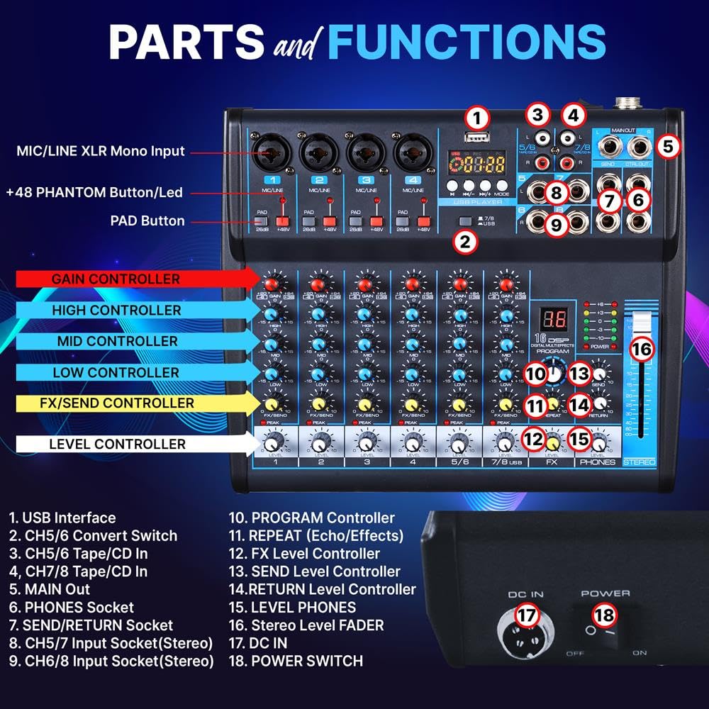 Pyle Professional Audio Mixer Sound Board Console Desk System- Interface 8 Channel Digital USB Bluetooth MP3 Computer Input 48V Phantom Power Stereo DJ Studio FX 16Bit DSP Processor, Black - PMXU83BT