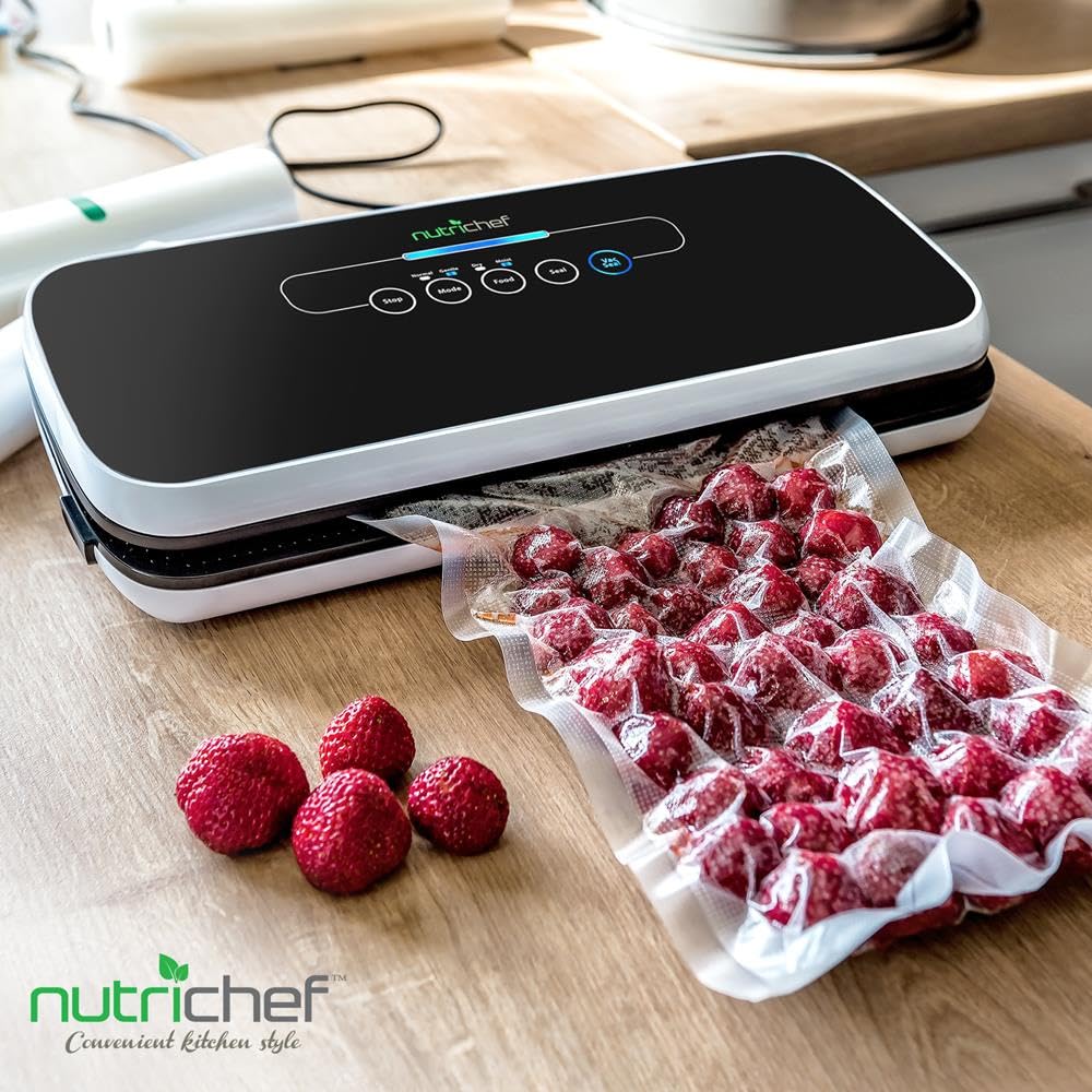 NutriChef Food Vacuum Sealer Machine - Automatic Air Sealing System for Dry & Moist Foods, LED Touch Controls, Includes Vacuum Bags, Hose & Wine Stopper, High Suction Power, 14"x6"x3", Black