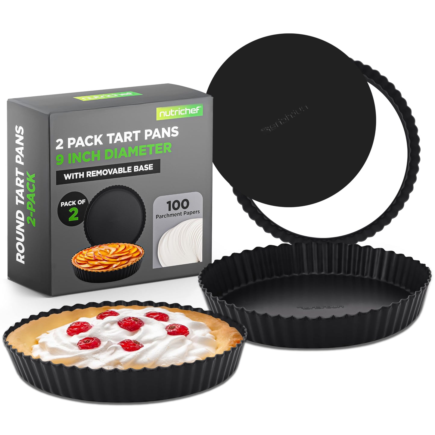 NutriChef 2 Round Tart Pans | 9 Inch Carbon Steel Tart Baking Trays with Removable Base | Nonstick & Even Heat Distribution | Includes 100 Parchment Papers | Height of 1 Inch | Black