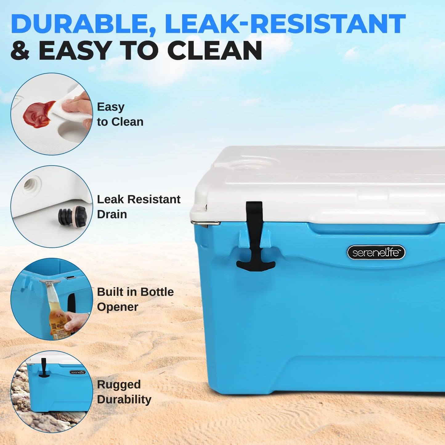 SereneLife Ultra-Tough 50 Quart Rotomolded Cooler Box, Holds Upto 64 Cans, Keeps Ice Up to 5 Days, Heavy-Duty Insulated Portable Ice Chest Box, Ideal for Camping, Beach, and Outdoor Adventures