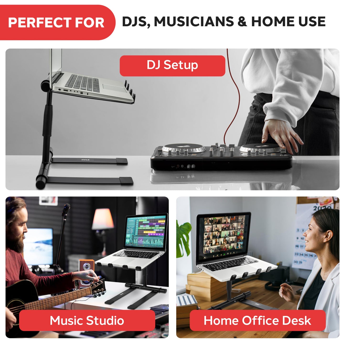 Pyle Portable Folding Laptop Stand - Standing Table with Adjustable Angle, Foldable Height and Four Prong Anti-Slip Tray for iPad, Tablet, DJ Mixer, Workstation, Gaming and Home Use - PLPTS55