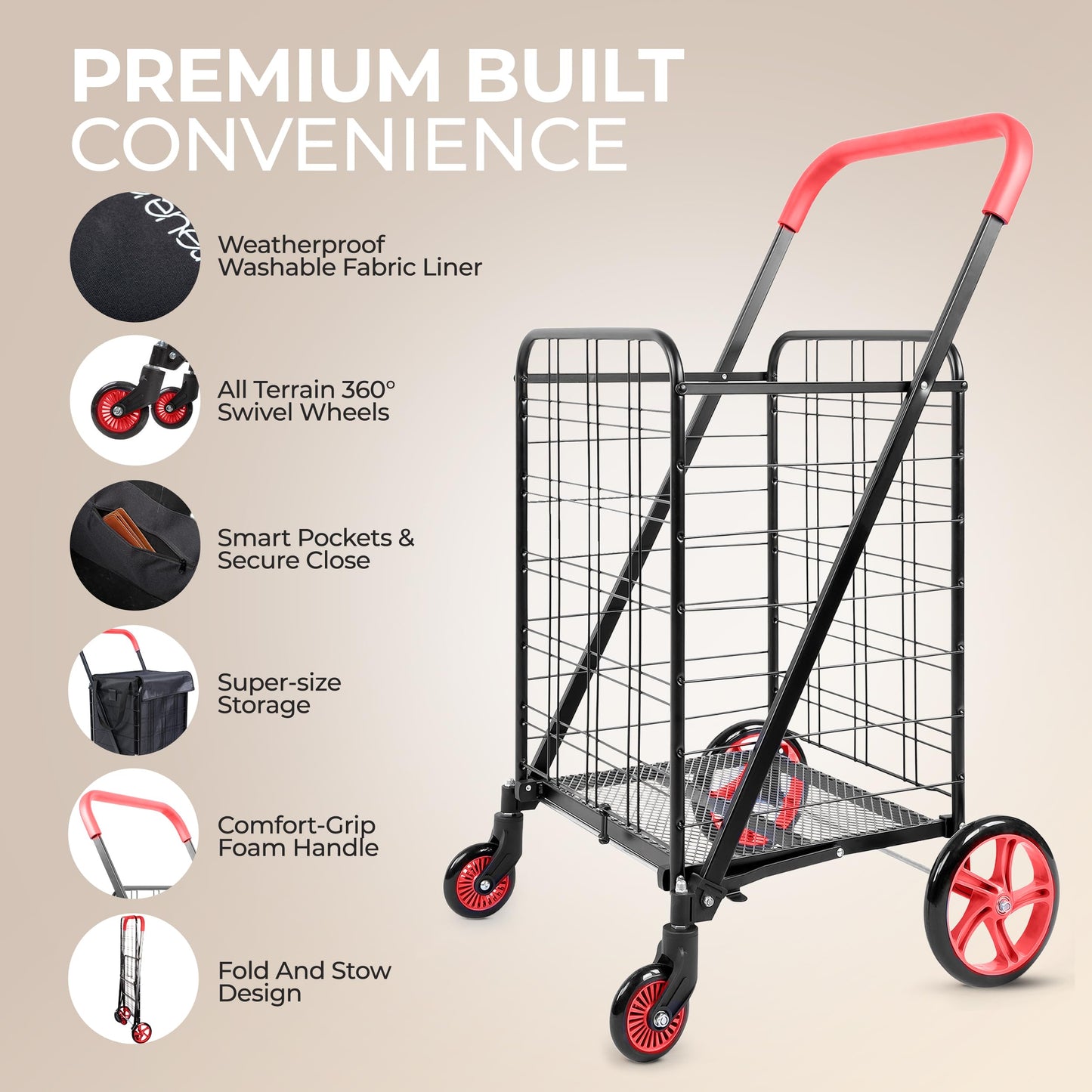 SereneLife Small Compact Folding Shopping Cart with Removable Waterproof Liner – 360° Swivel Wheels, Rust‑Proof Steel Frame, 70 lb Capacity – Portable Grocery, Laundry & Travel Cart (Red)