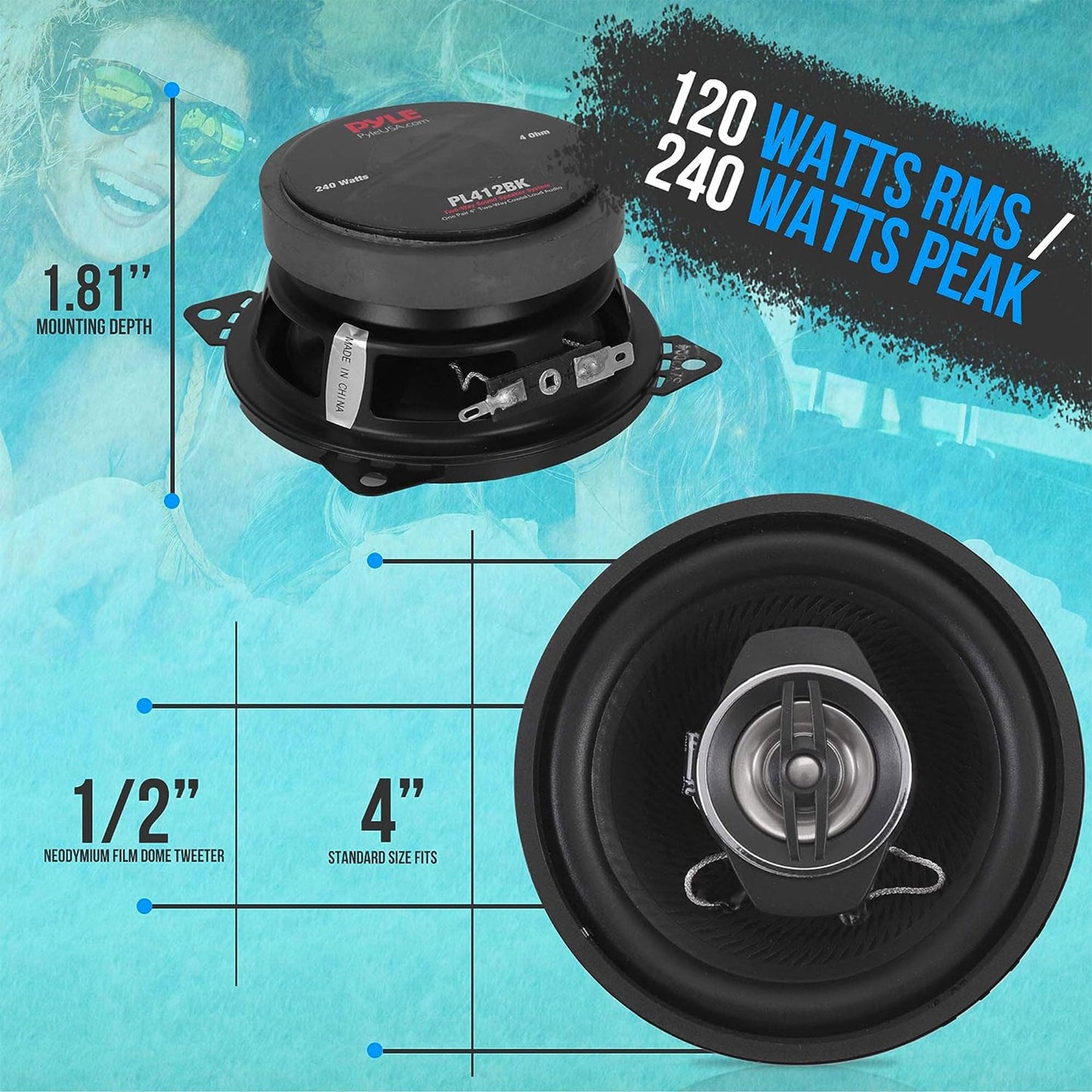 Pyle 2-Way Universal Car Stereo Speakers - 240W 4" Coaxial Loud Pro Audio Car Speaker Universal OEM Quick Replacement Component Speaker Vehicle Door/Side Panel Mount Compatible PL412BK (Pair), Black