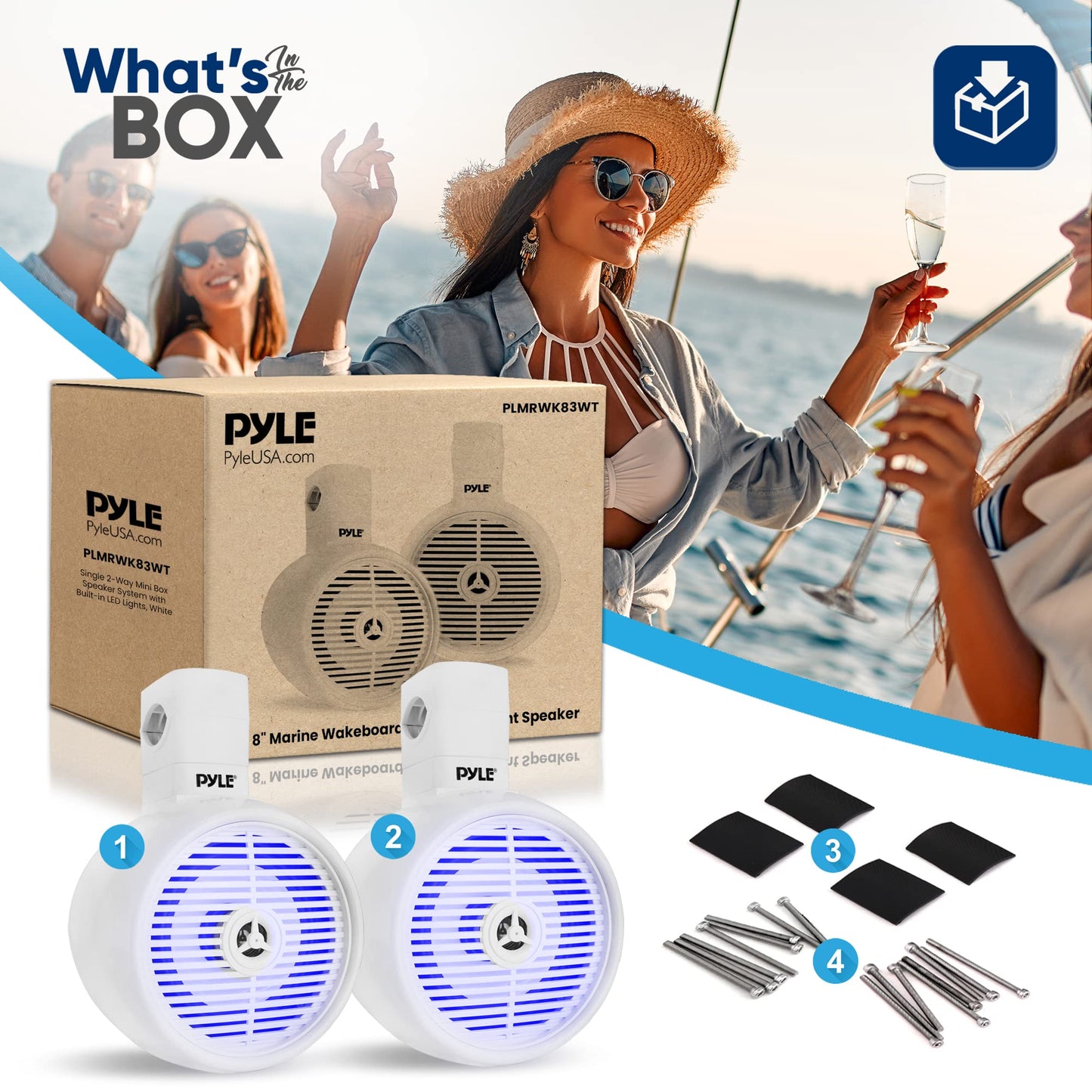 PyleUsa 8” Waterproof Off-Road Speakers - 300W 2-Way Marine Wakeboard Tower Sound System w/LED Light, Full Range Outdoor Stereo Speaker for Car, ATV, UTV, Jeep, Boat, Includes Brackets (White)
