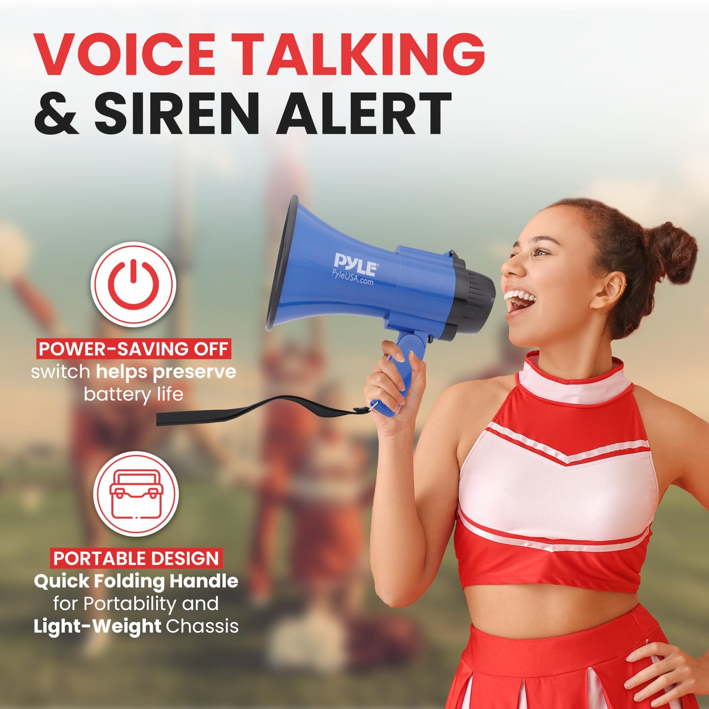 Pyle Compact Battery-Operated Megaphone with Siren - 30 Watt Power, Microphone, 2 Modes, PA Sound, Bullhorn, Foldable Handle for Cheerleading, Police Use (Blue)