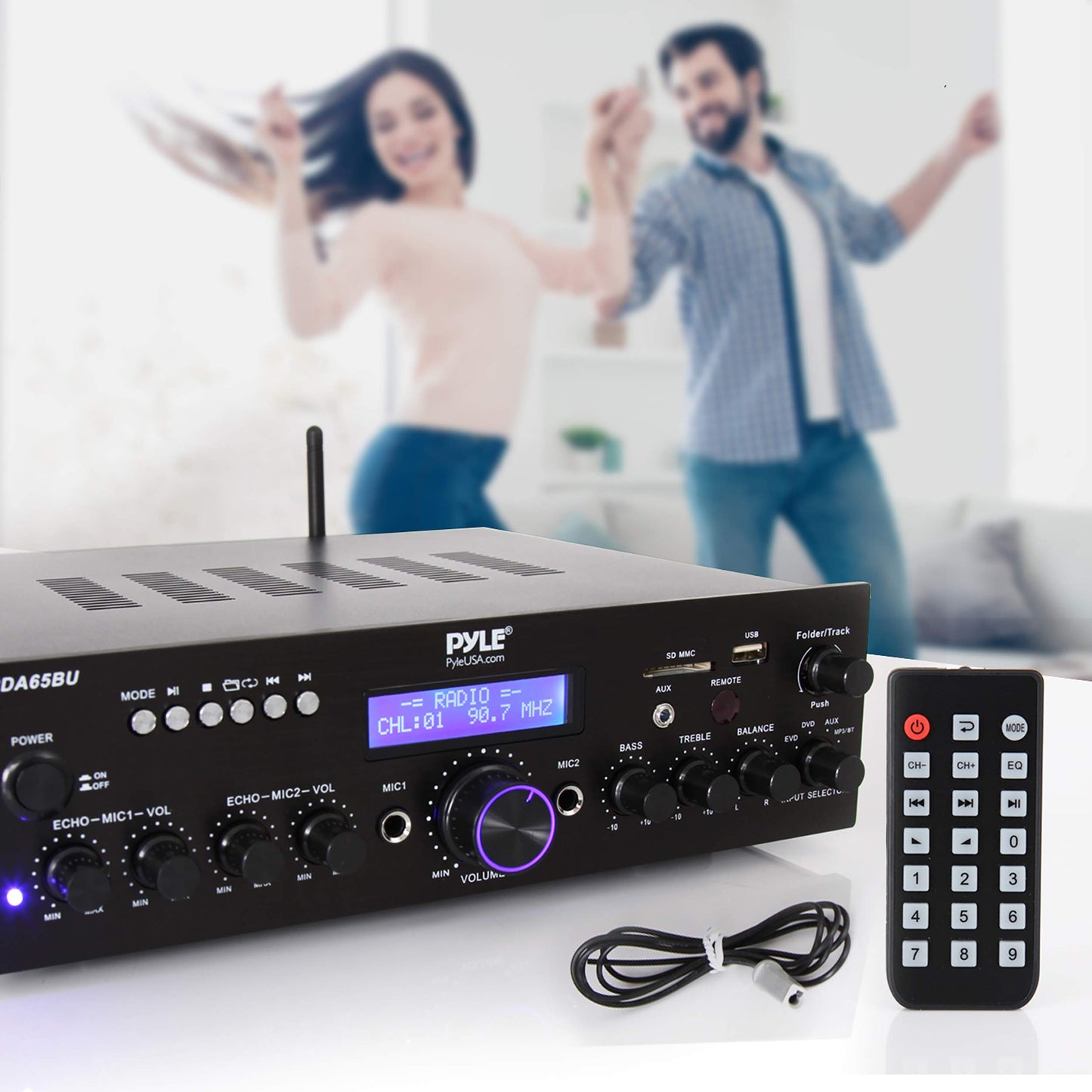 Pyle 200W Wireless Bluetooth Power Amplifier - Dual Channel Stereo Receiver with USB Flash Reader - SD Card - AUX - MIC IN w/ Echo - Radio - Home Theater - Studio Use - RCA Output - PDA65BU