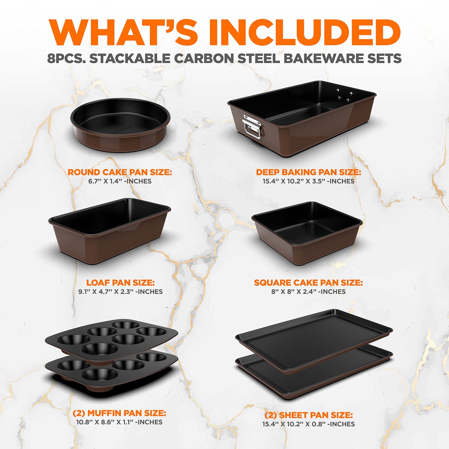 NutriChef 8-Piece Nonstick Stackable Bakeware Set - PFOA, PFOS, PTFE Free Baking Tray Set w/Non-Stick Coating, 450°F Oven Safe, Round Cake, Loaf, Muffin, Wide/Square Pans, Cookie Sheet (Brown)