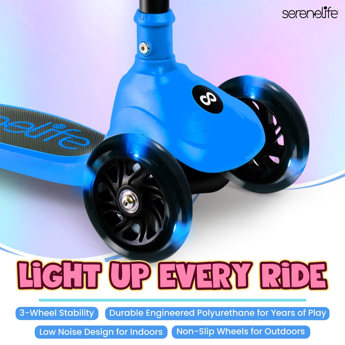 SereneLife 3-Wheel Foldable Kids Scooter – LED Wheel Lights, Adjustable Handlebar, Rear Foot Brake, Lean-to-Steer, Anti-Slip Deck – Ideal for Toddlers & Kids 3+, up to 110 lbs