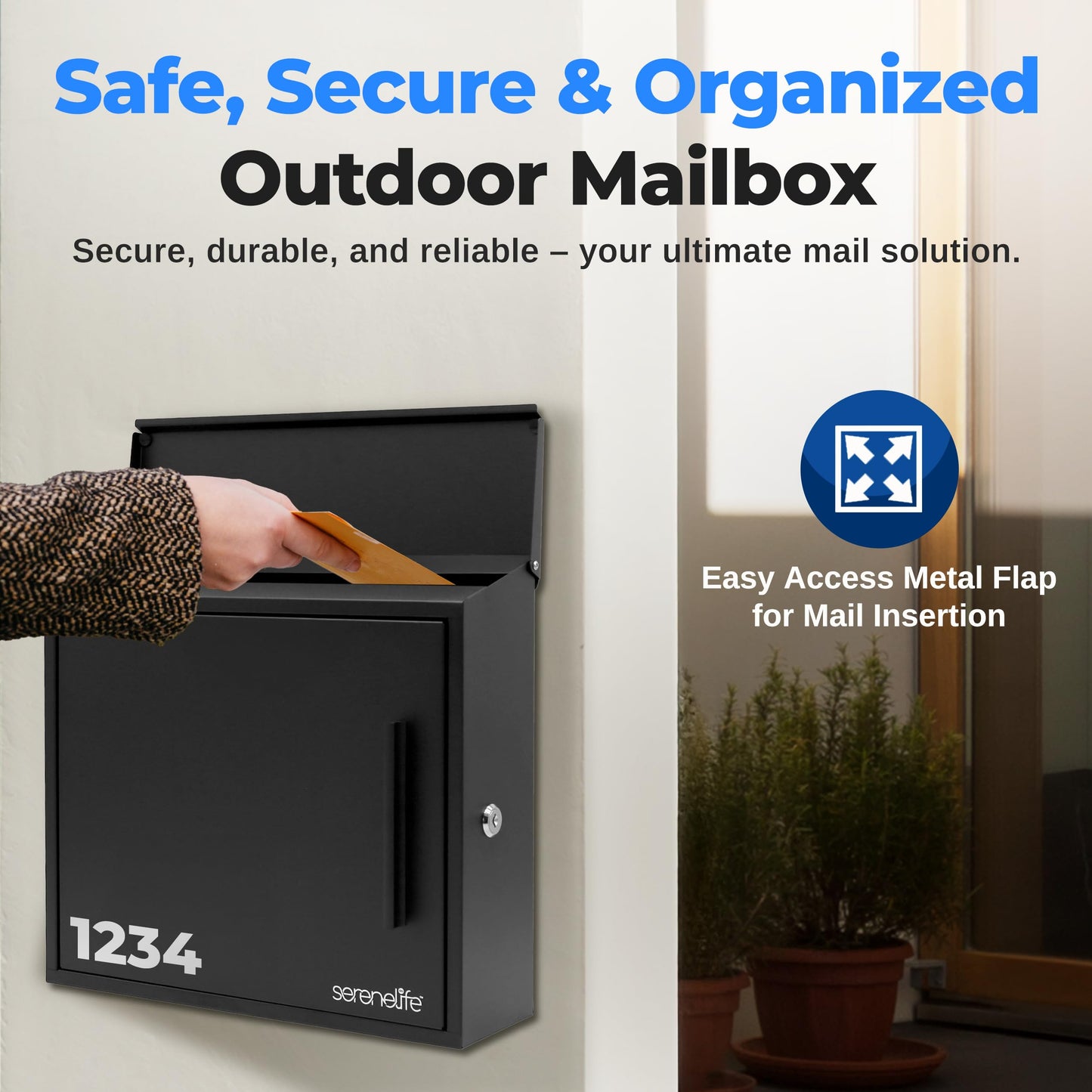 SereneLife Outdoor Wall Mailbox | 0.46 Cubic FT Locking Mailbox | Easy Installation, Secure Lock Mechanism | Ideal for Residential or Commercial Use | Wall Mountable 13.77" x 4.52" x 12.99 | Black