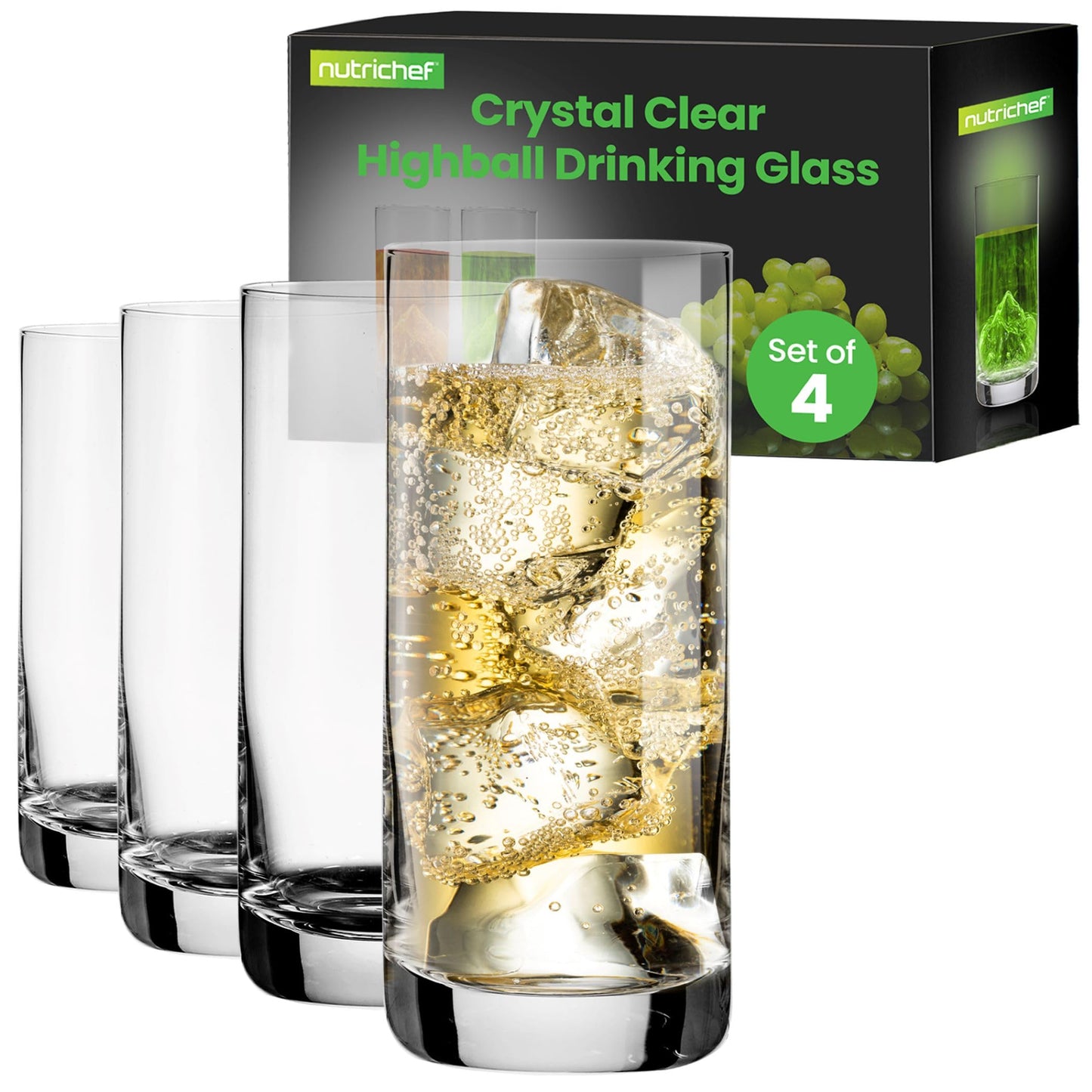 Nutrichef 4 Piece Highball Thick Base Drinking Glasses-14.2Oz, Crystal Clear Tall Glasses for Water, Juice, Liquor, & Cocktail, Long Kitchen Glass for Bar, Restaurant, & Home