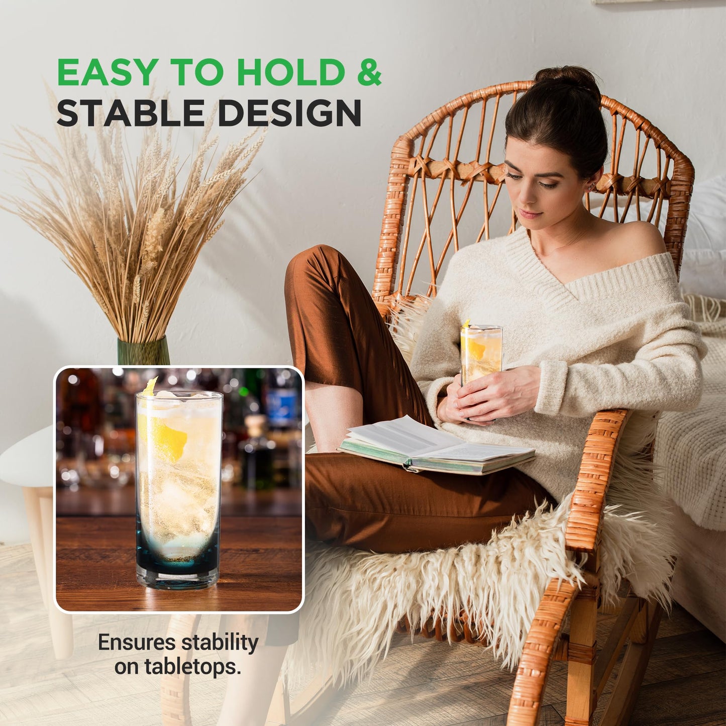 NutriChef 12.5oz Highball Drinking Glasses - Set of 2 Heavy Base Tall Tumbler Clear Glassware for Water, Wine, Beer, Liquor, Gin, Cocktail, Whiskey, Juice, Iced Coffee, Mixed Drinks, Dishwasher Safe