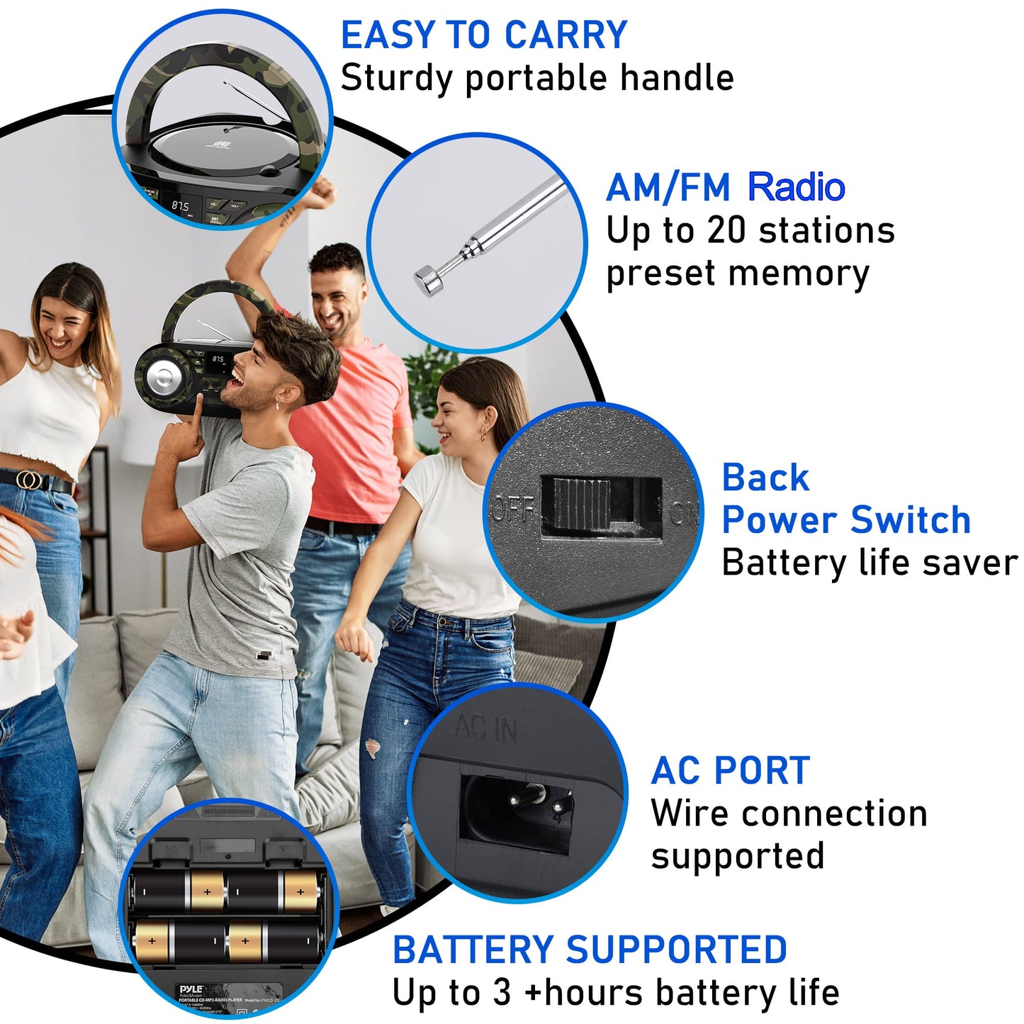 PYLE CD PLAYER PORTABLE, CD PLAYERS FOR HOME, PORTABLE CD PLAYER - 50 Watts Max Power, Bluetooth 5.0, AM/FM Stereo Radio, USB/AUX Input, Battery/AC Powered, Camouflage Design, Includes AC/DC Cord