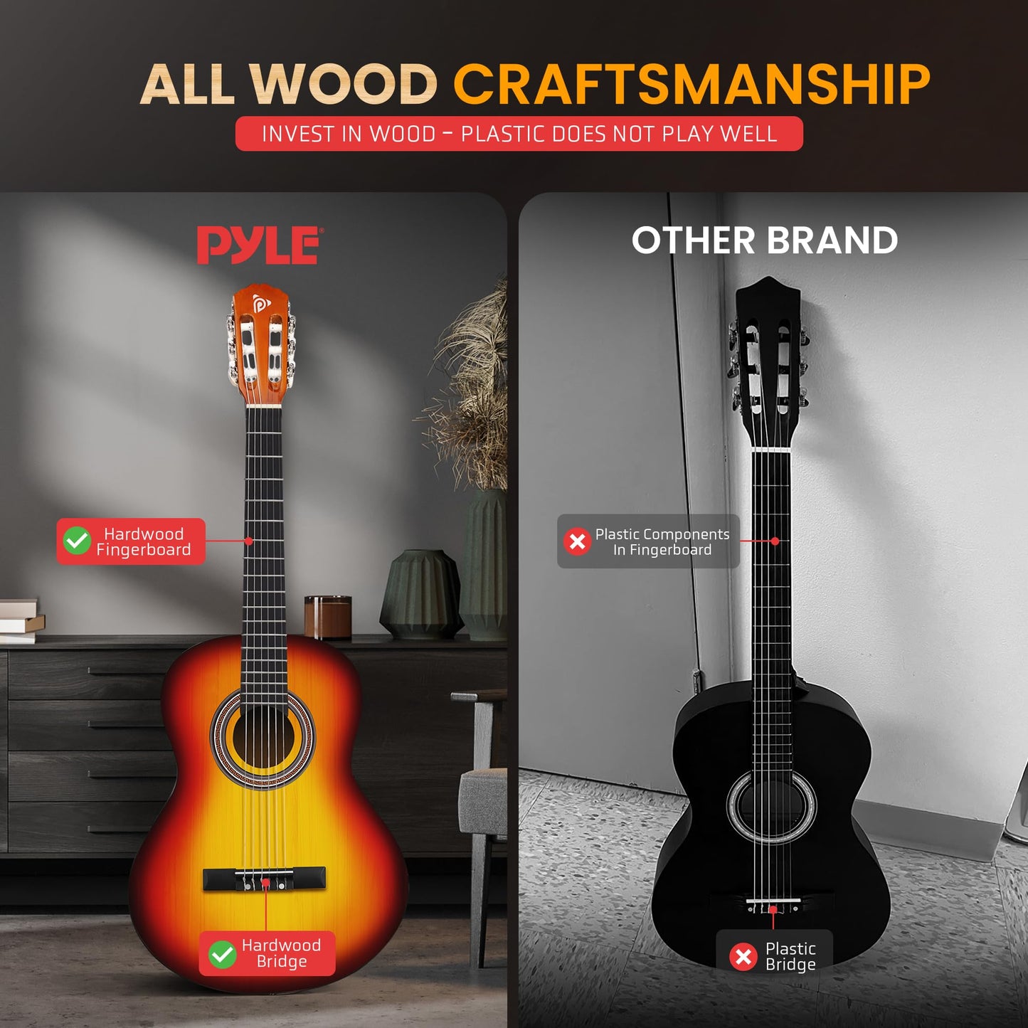 Pyle Beginner Acoustic Guitar Kit, 4/4 Full Size All Wood Instrument for Beginners, Adults, 39" Brown Gloss